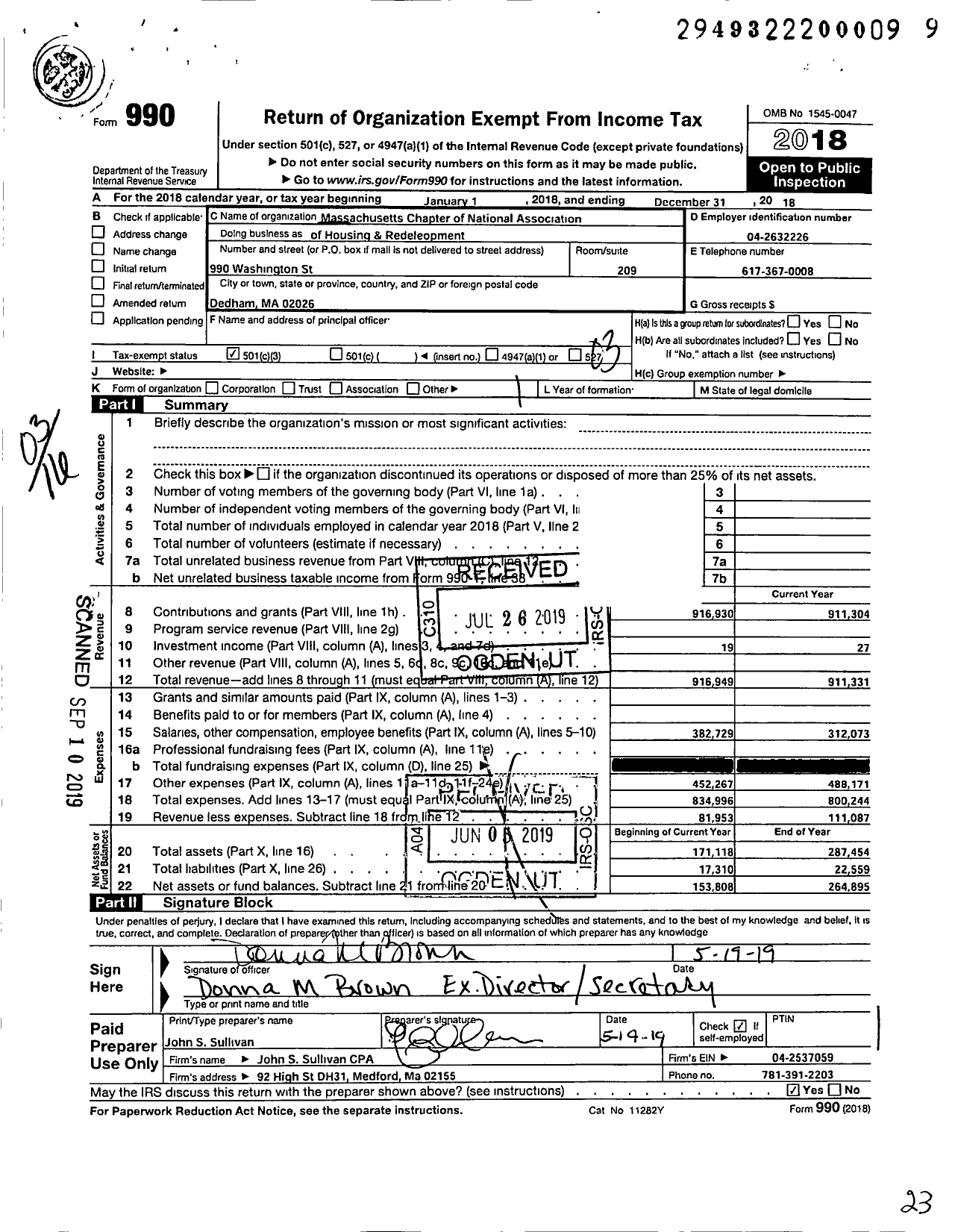 Image of first page of 2018 Form 990 for Massachusetts Chapter of the National Association of Housing and Redevelopment O