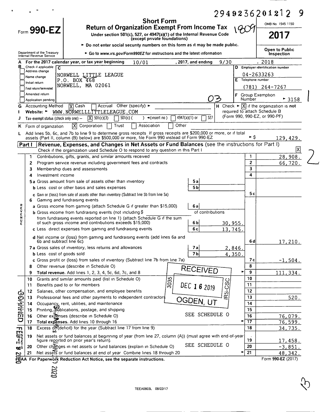 Image of first page of 2017 Form 990EZ for Little League Baseball - 2210806 Norwell LL