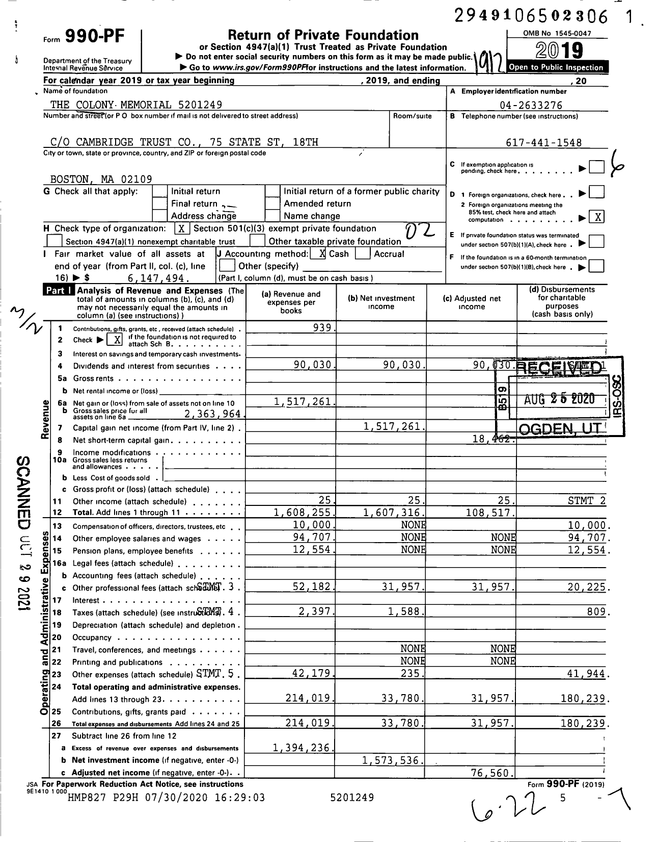 Image of first page of 2019 Form 990PF for The Colony Memorial 5201249