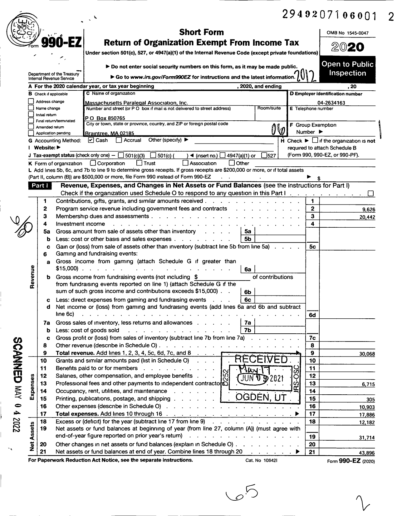 Image of first page of 2020 Form 990EO for Massachusetts Paralegal Association