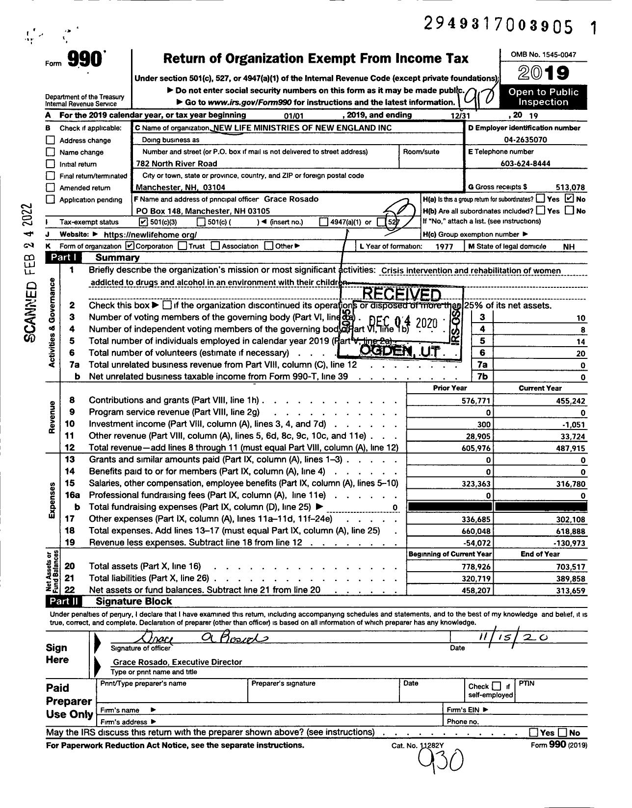 Image of first page of 2019 Form 990 for New Life Ministries of New England