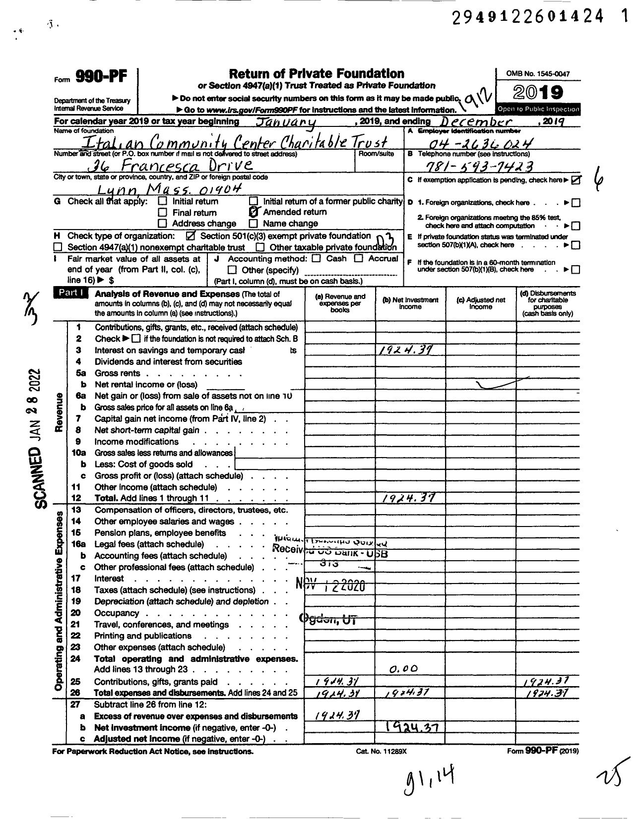 Image of first page of 2019 Form 990PF for Italian Community Center Charitable Trust