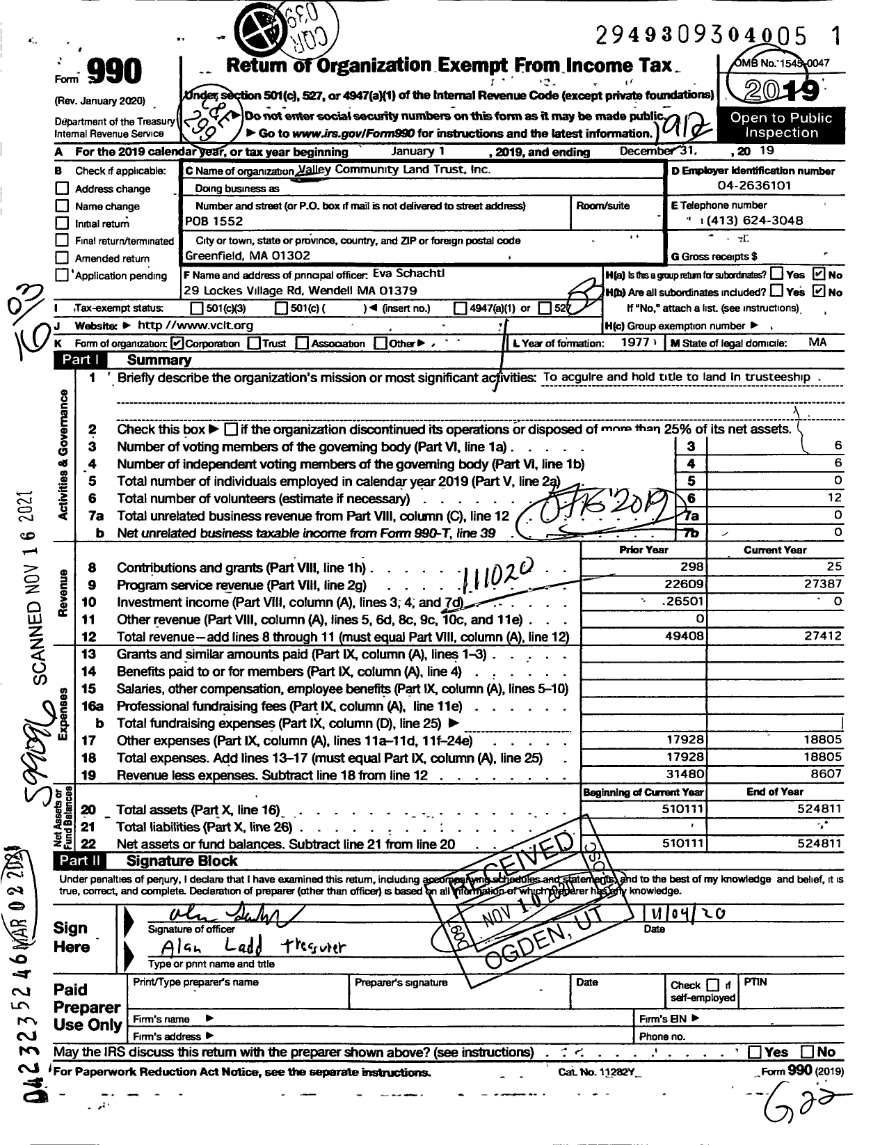 Image of first page of 2019 Form 990 for Valley Community Land Trust Incorporated