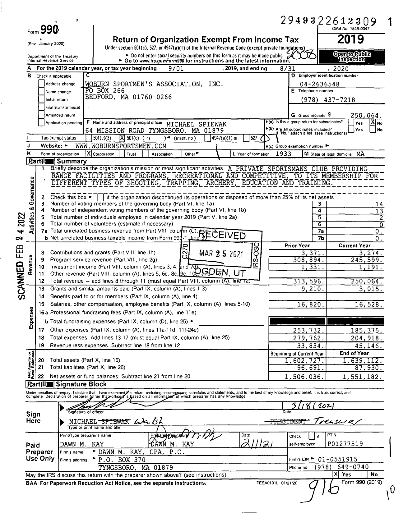 Image of first page of 2019 Form 990O for Woburn Sportsmens Association