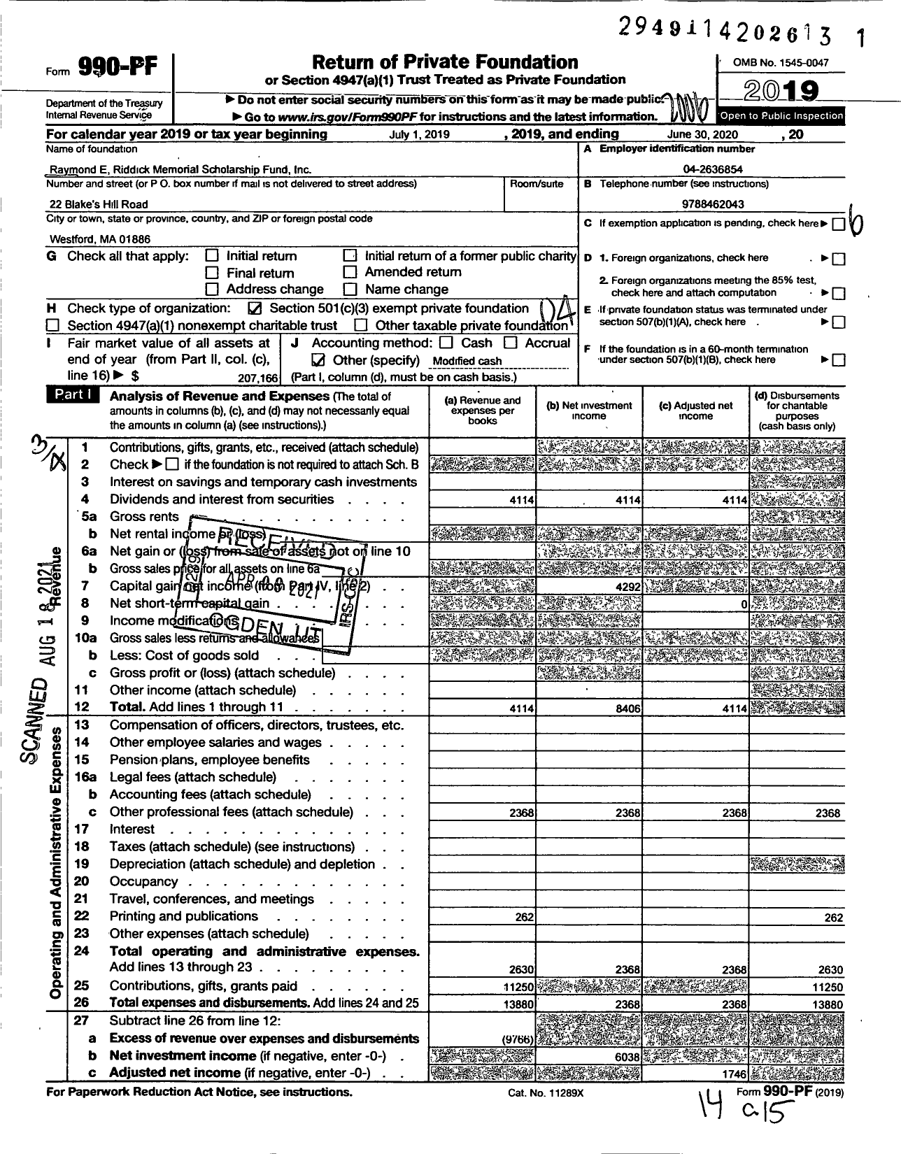 Image of first page of 2019 Form 990PF for Raymond E Riddick Memorial Scholarship Fund