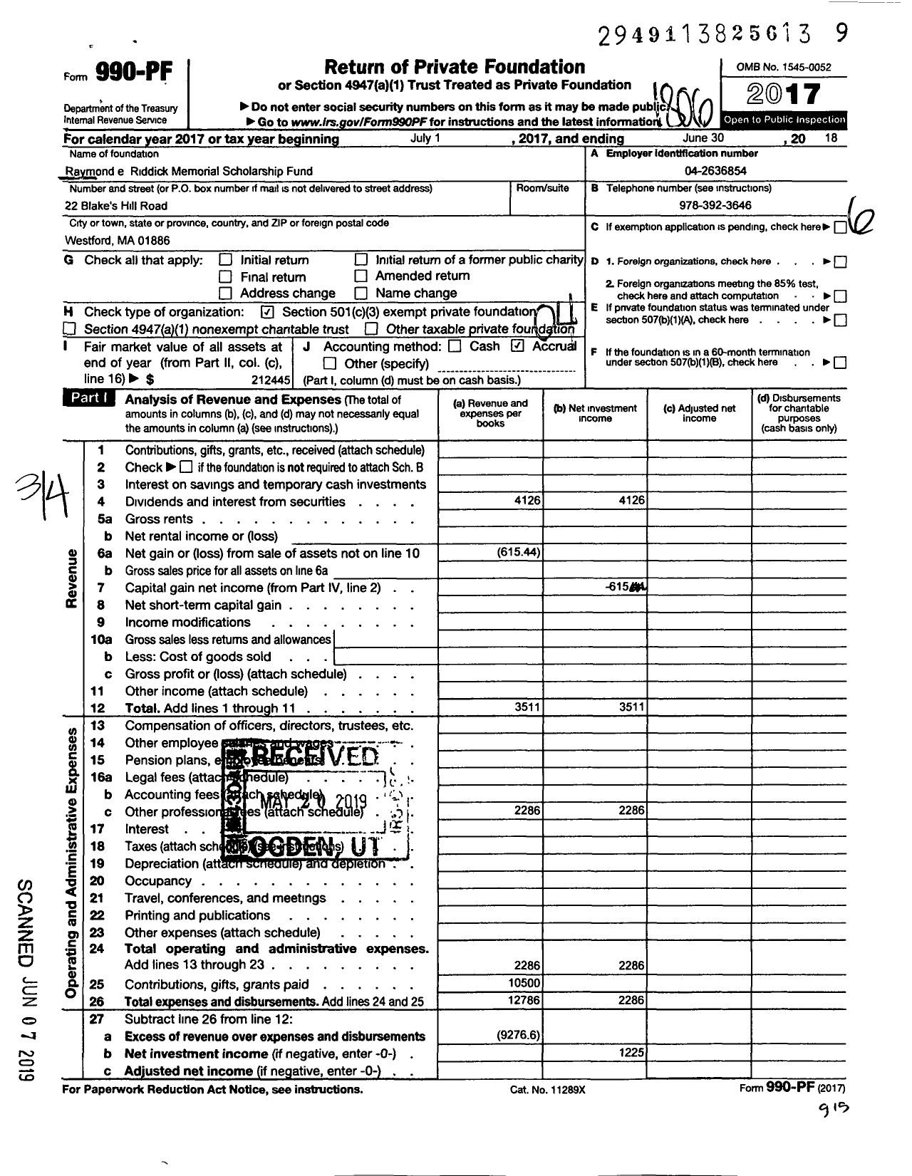 Image of first page of 2017 Form 990PF for Raymond E Riddick Memorial Scholarship Fund