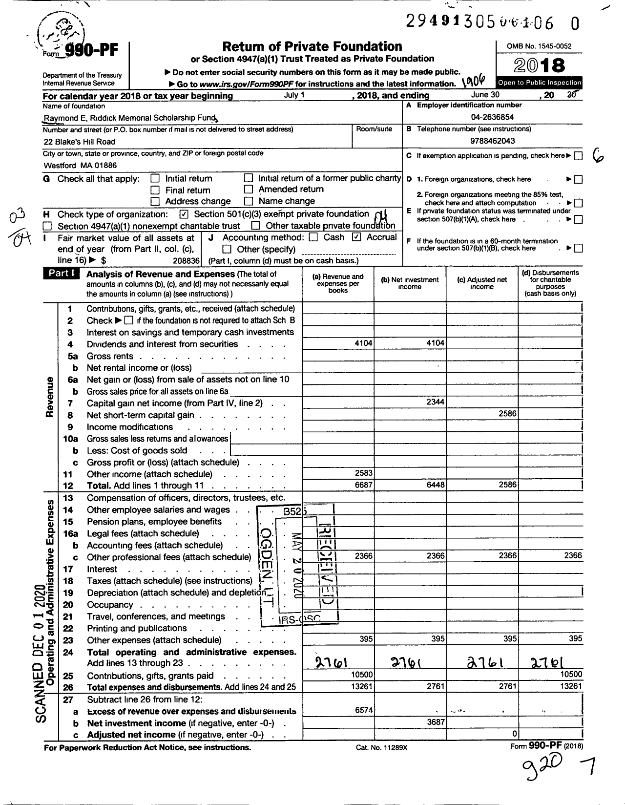 Image of first page of 2018 Form 990PF for Raymond E Riddick Memorial Scholarship Fund