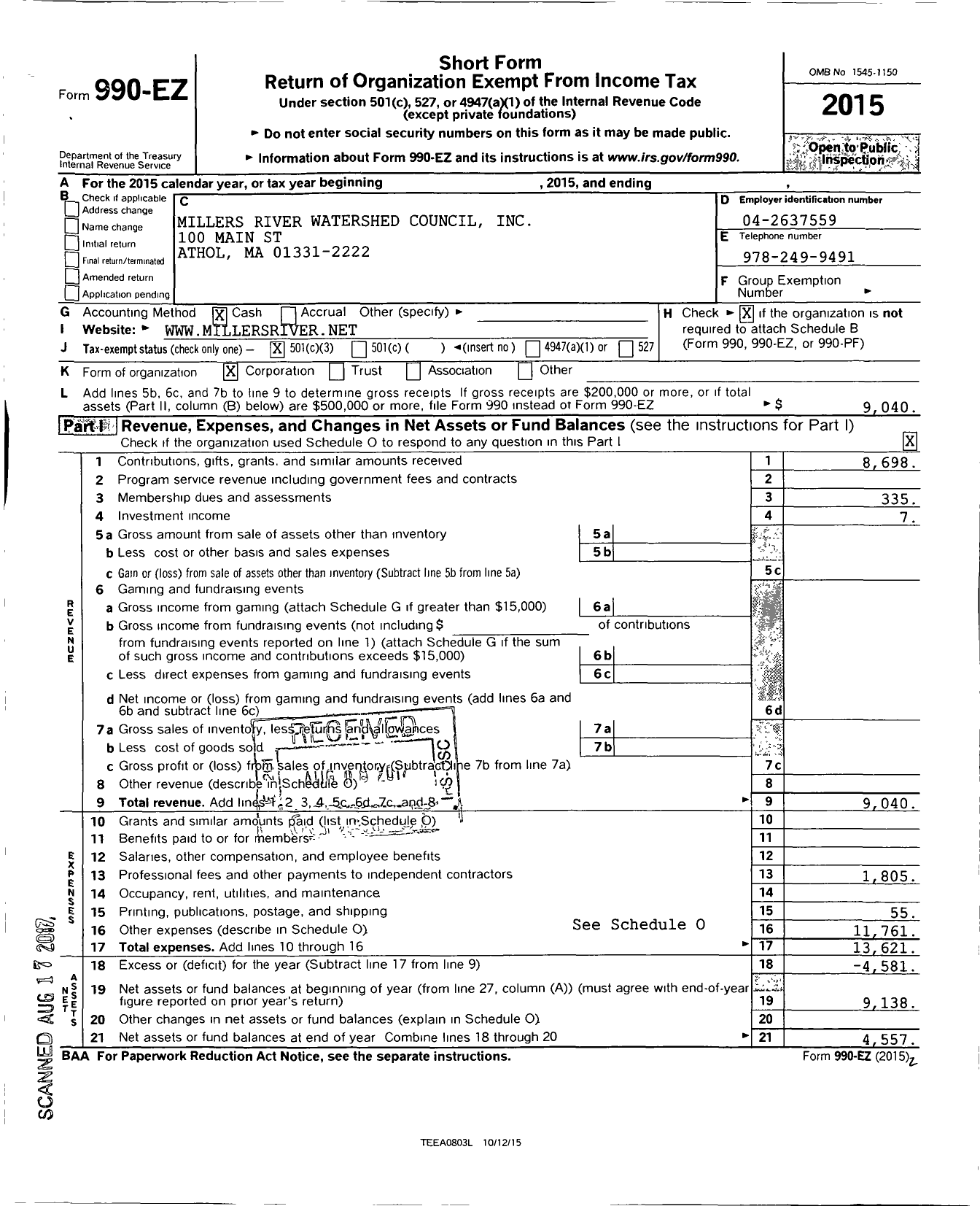 Image of first page of 2015 Form 990EZ for Millers River Watershed Council