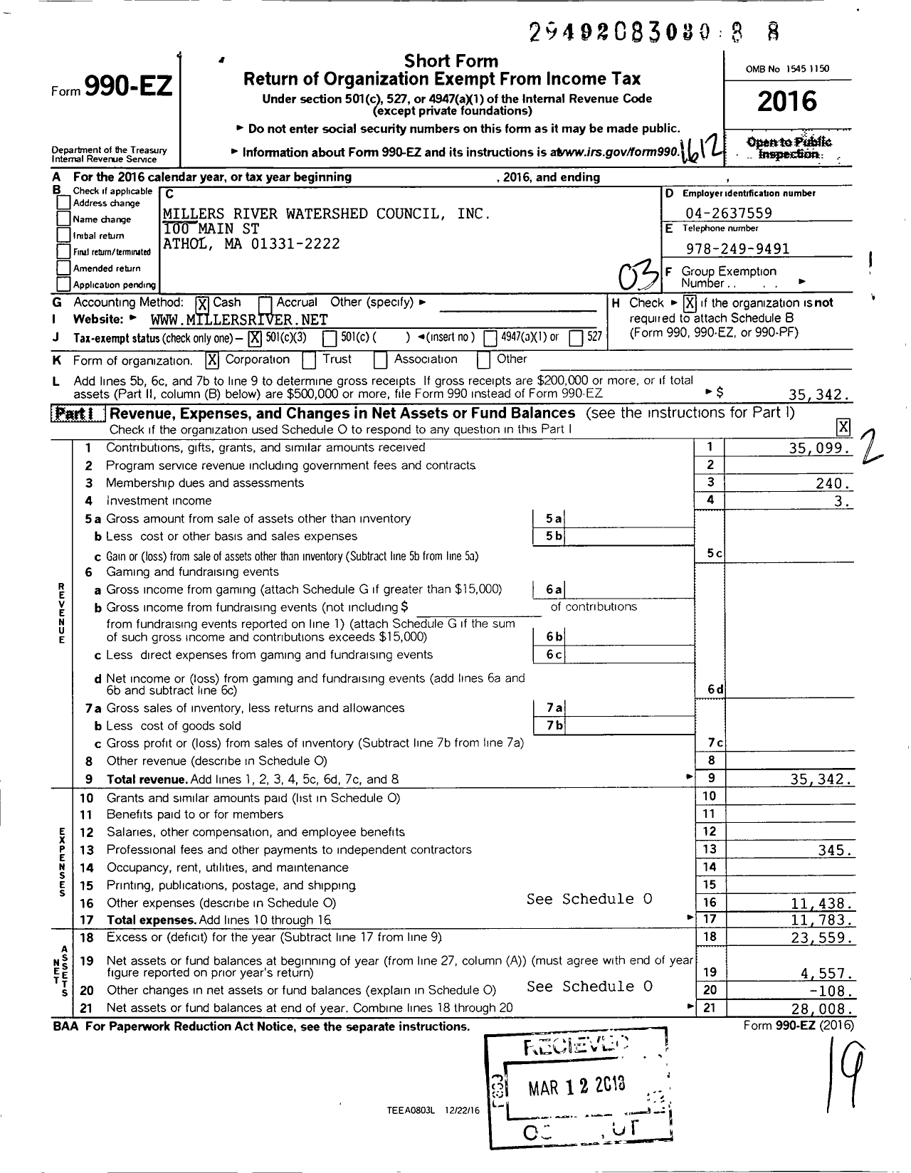 Image of first page of 2016 Form 990EZ for Millers River Watershed Council