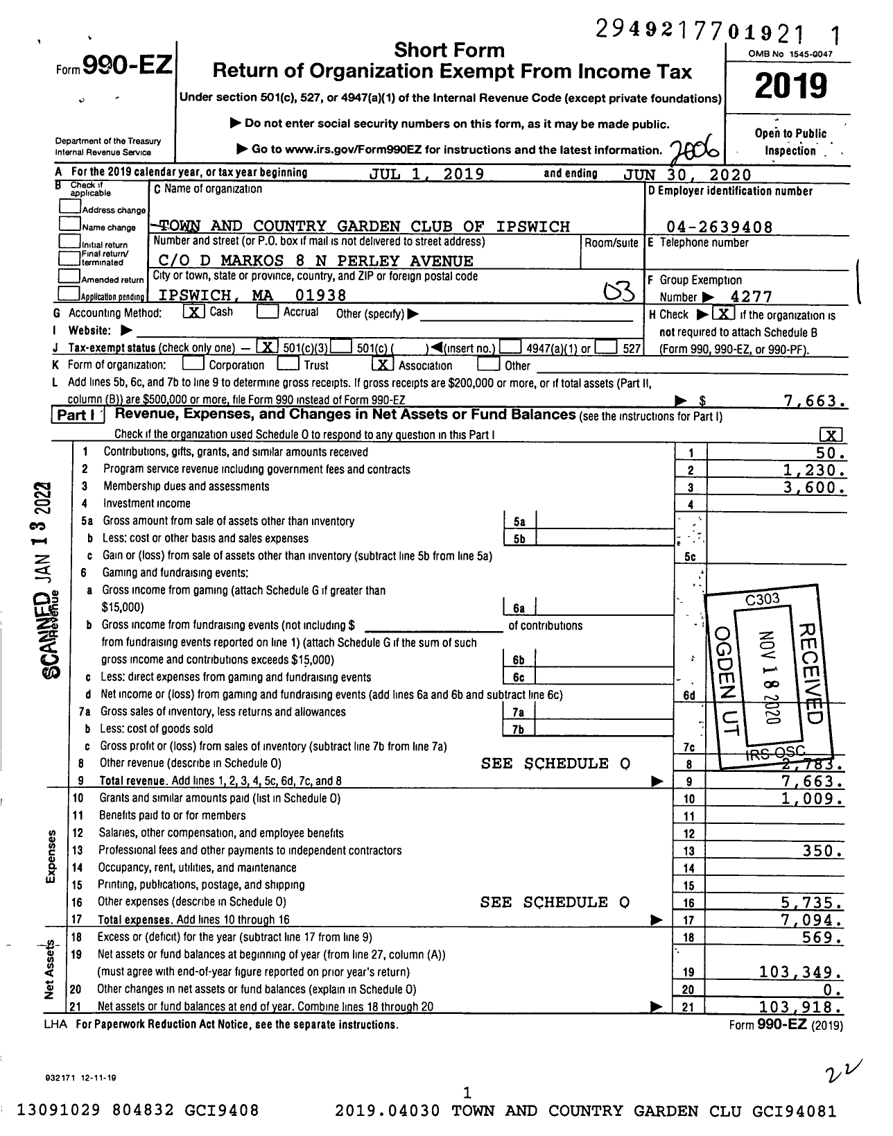 Image of first page of 2019 Form 990EZ for Garden Club Federation of Massachusetts / Town & Contry Garden Club of Ipswic