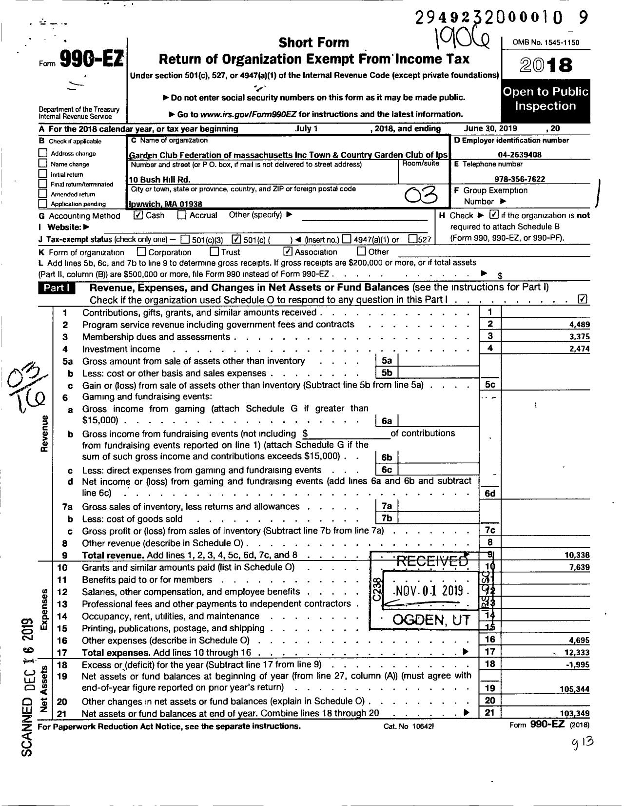 Image of first page of 2018 Form 990EZ for Garden Club Federation of Massachusetts / Town & Contry Garden Club of Ipswic