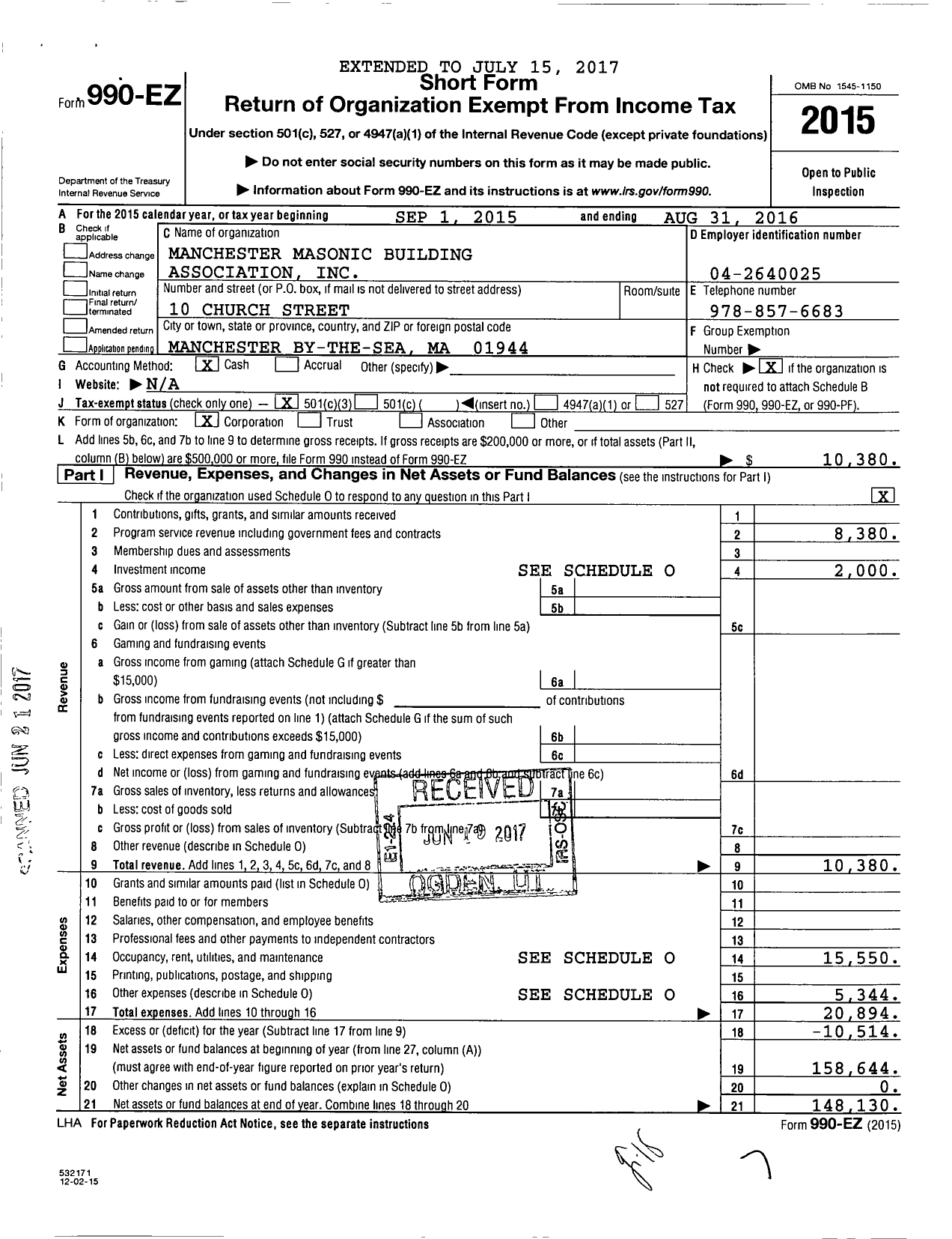 Image of first page of 2015 Form 990EZ for Massachusetts Freemasons - Manchester Bldg Assn