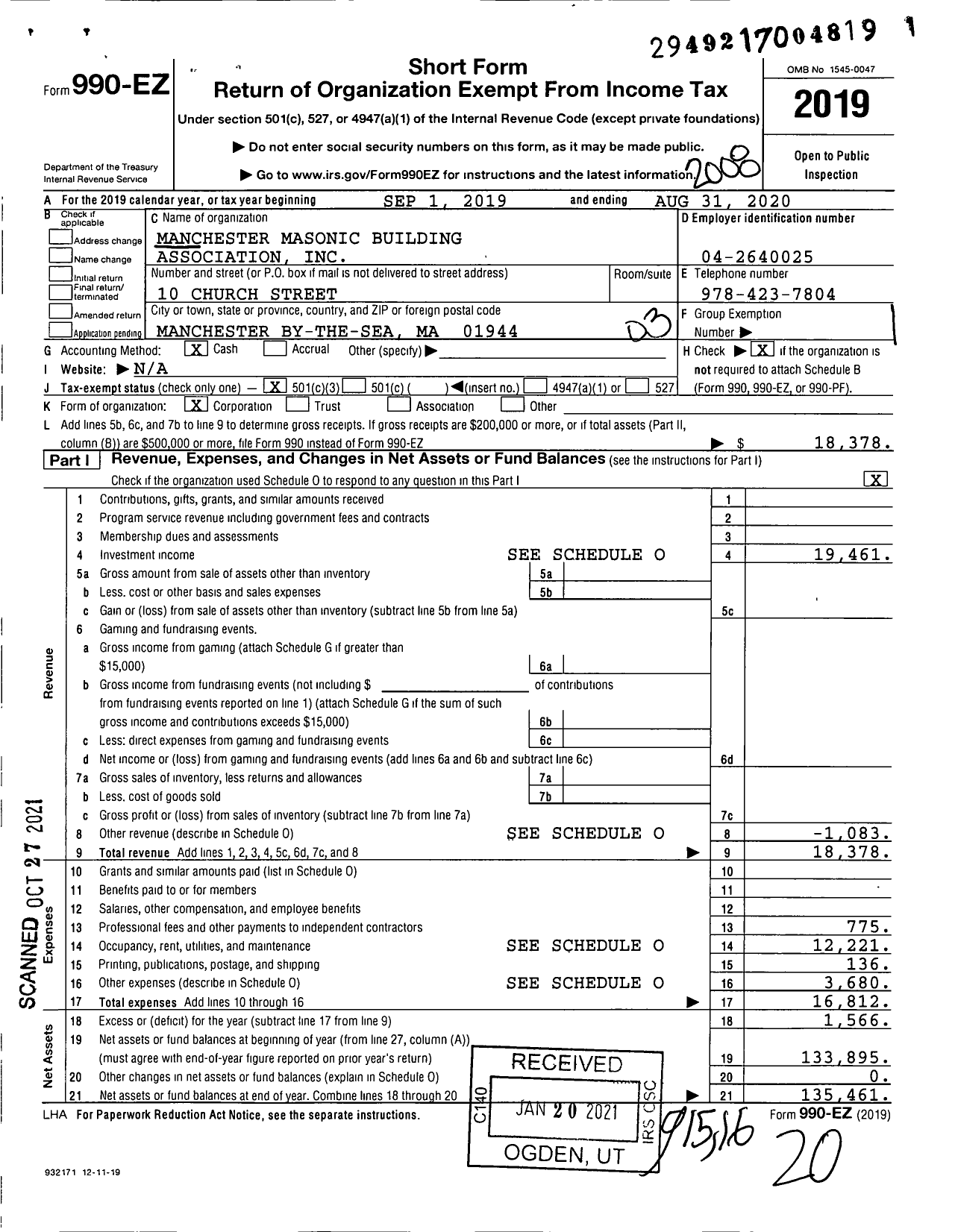 Image of first page of 2019 Form 990EZ for Massachusetts Freemasons - Manchester Bldg Assn