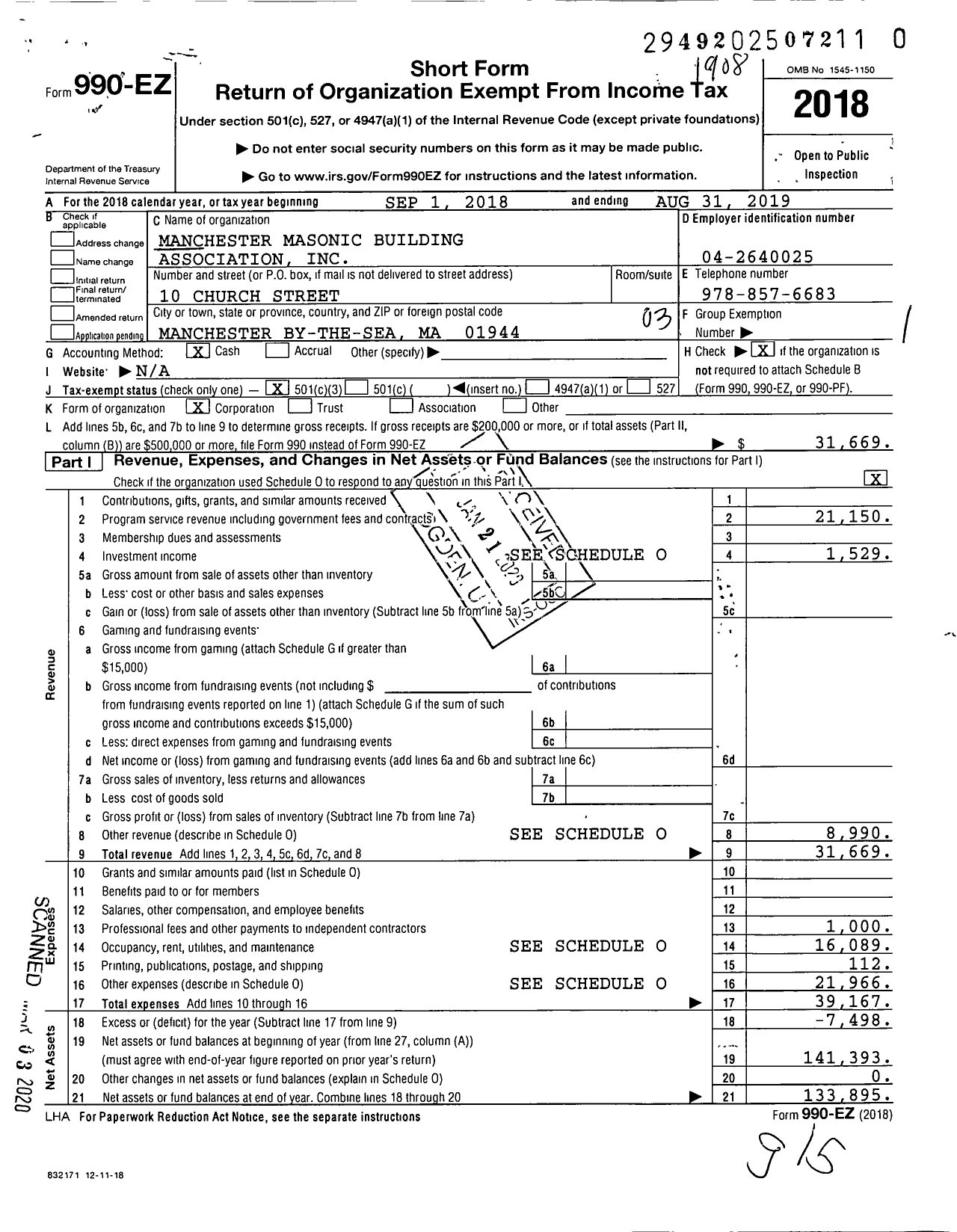 Image of first page of 2018 Form 990EZ for Massachusetts Freemasons - Manchester Bldg Assn