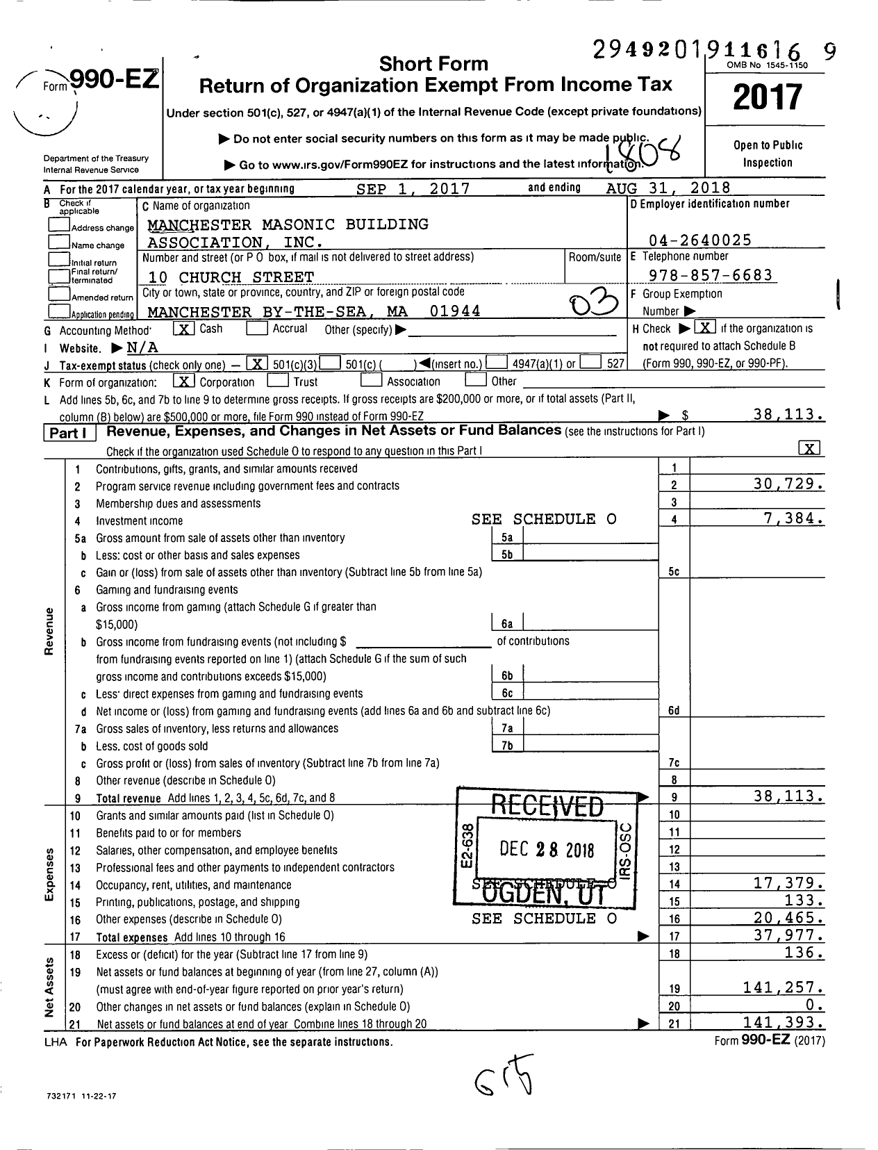 Image of first page of 2017 Form 990EZ for Massachusetts Freemasons - Manchester Bldg Assn