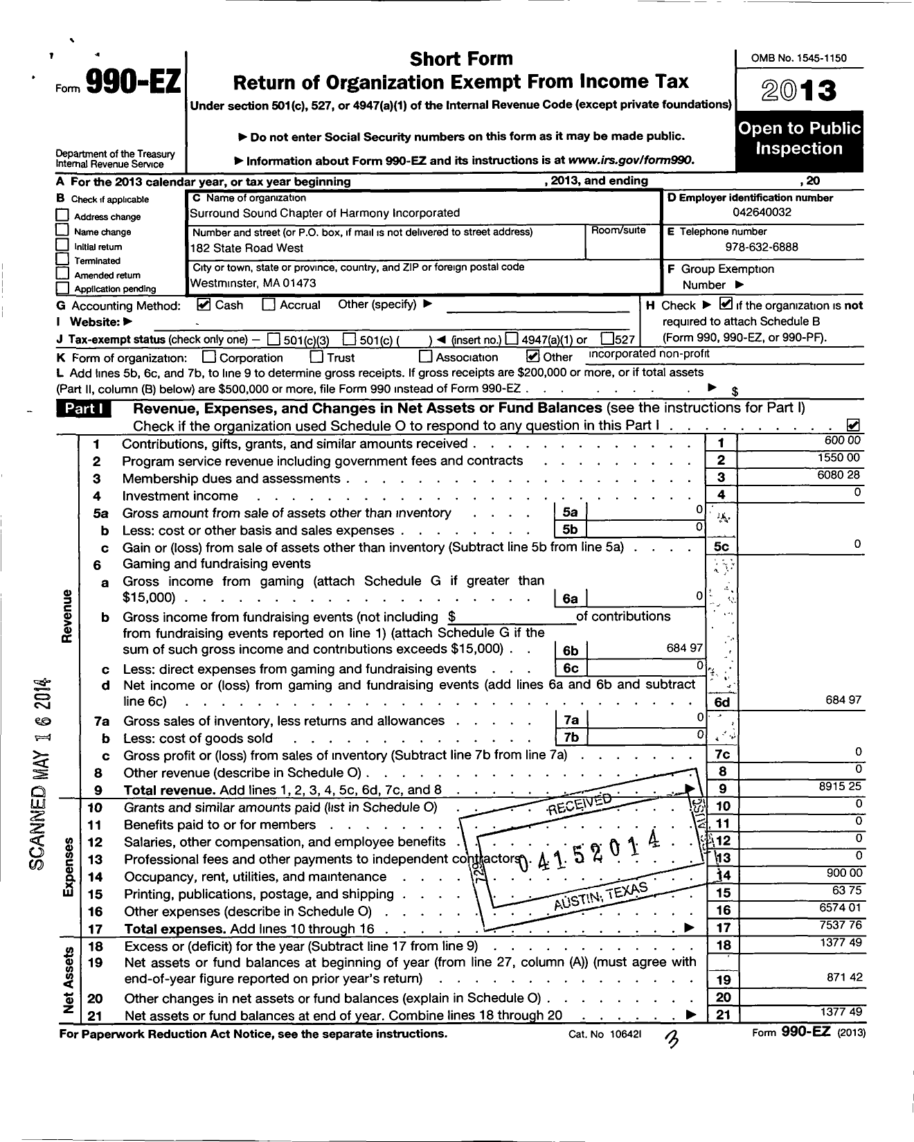 Image of first page of 2013 Form 990EO for Harmony / Surround Sound