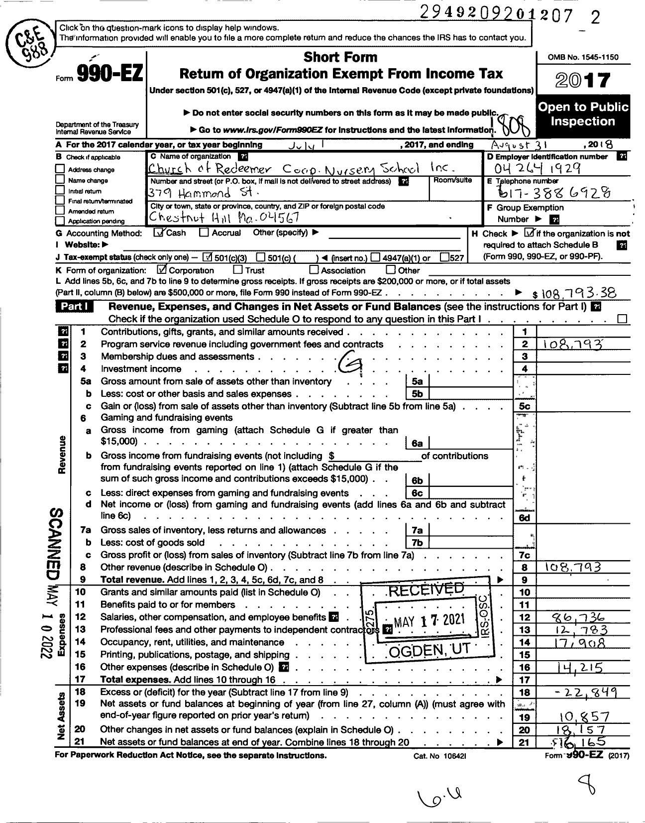 Image of first page of 2017 Form 990EZ for Church of the Redeemer Cooperative Nursey School