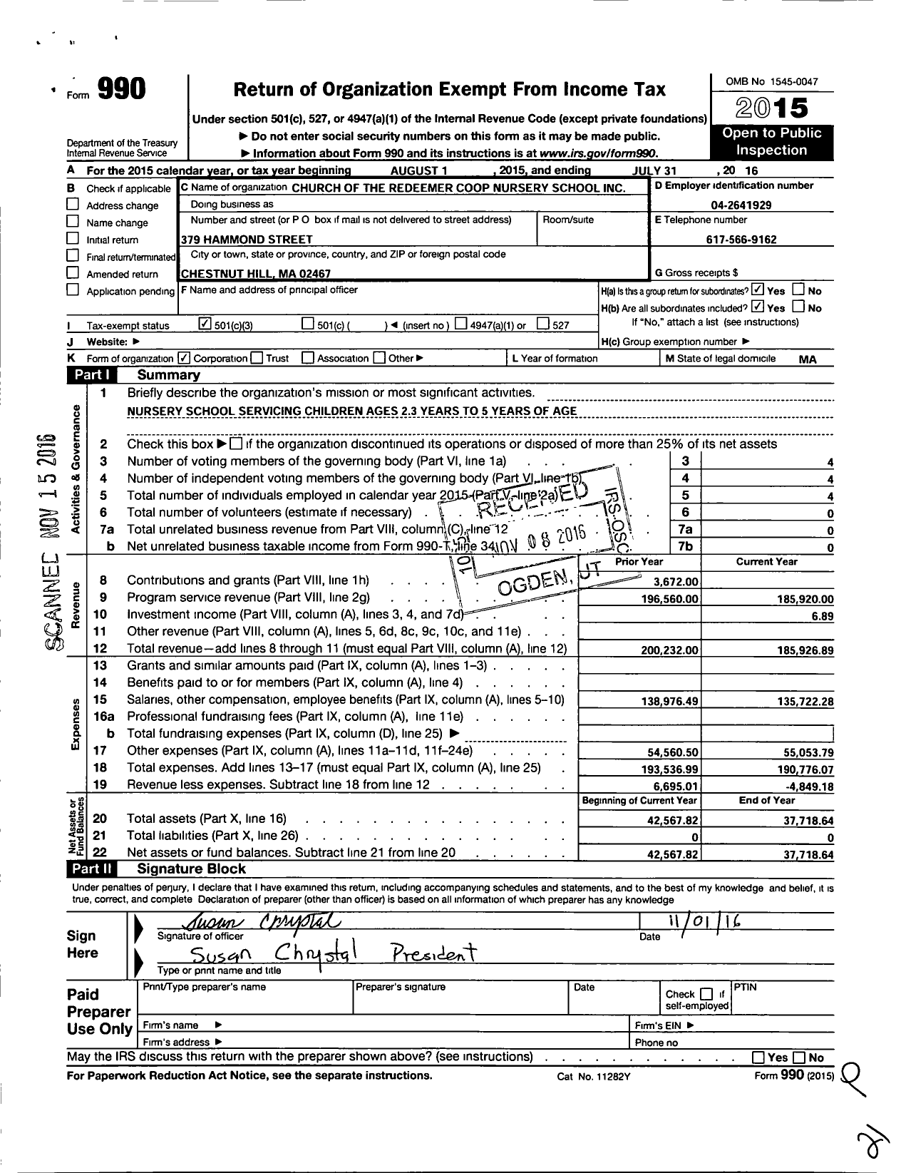 Image of first page of 2015 Form 990 for Church of the Redeemer Cooperative Nursey School