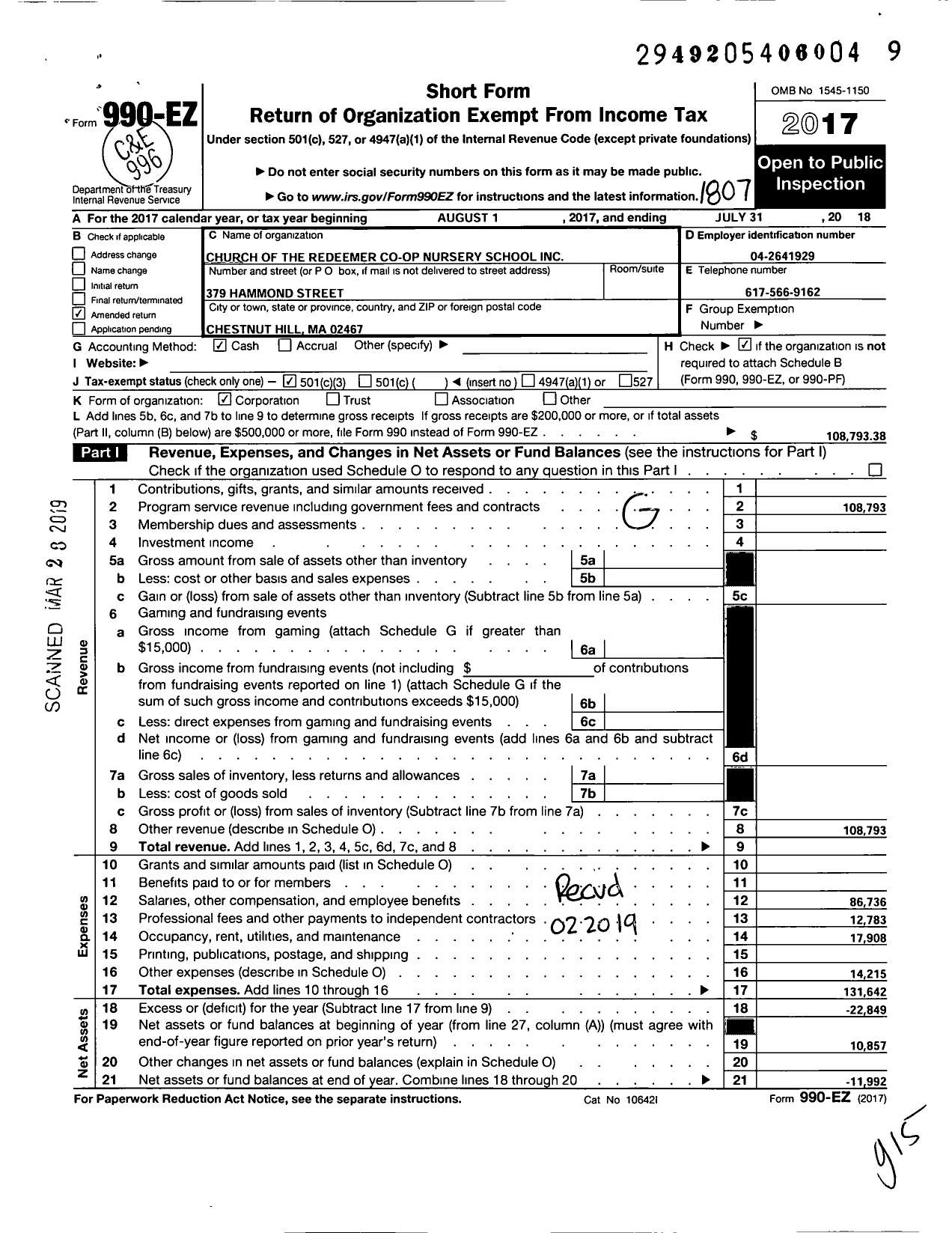 Image of first page of 2017 Form 990EZ for Church of the Redeemer Cooperative Nursey School