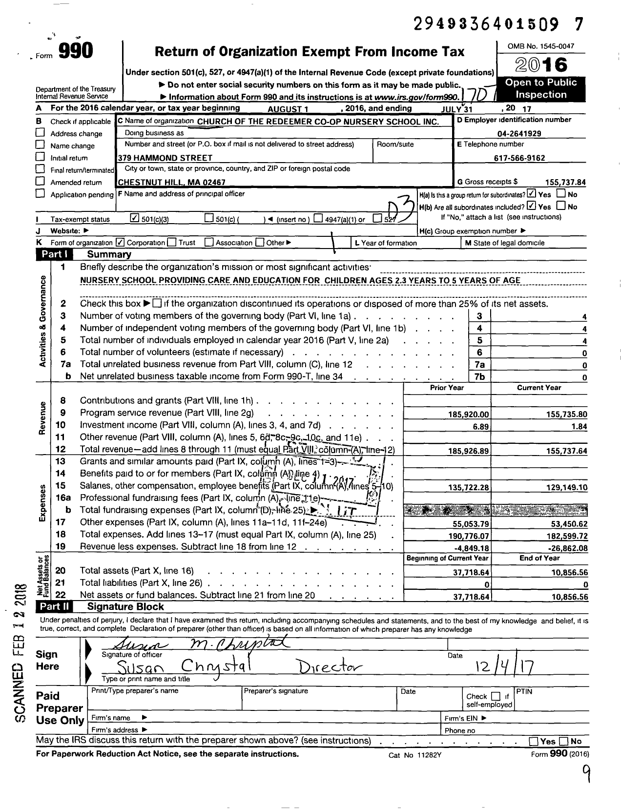 Image of first page of 2016 Form 990 for Church of the Redeemer Cooperative Nursey School