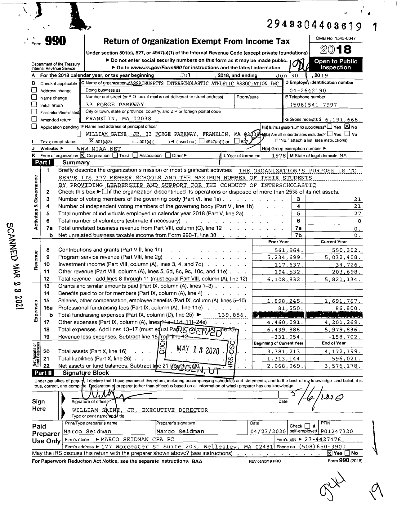 Image of first page of 2018 Form 990 for Massachusetts Interscholastic Athletic Association