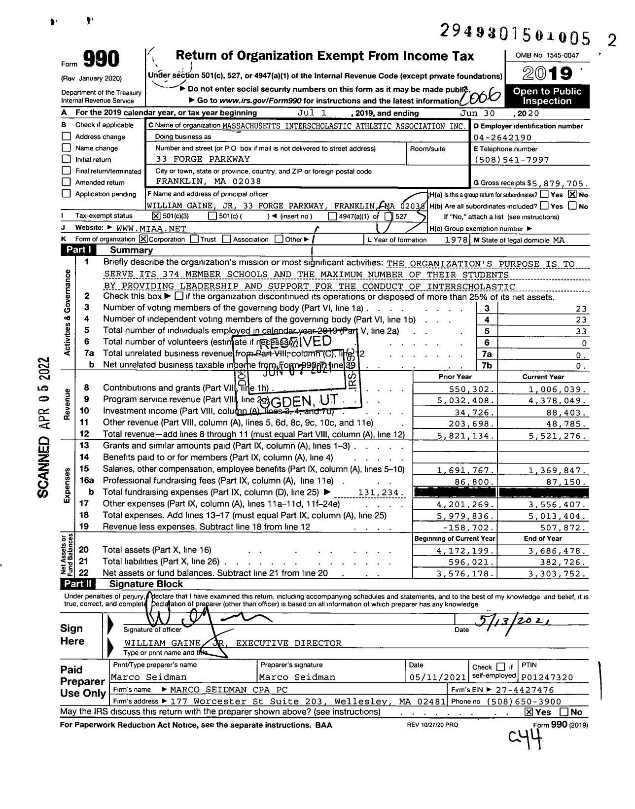 Image of first page of 2019 Form 990 for Massachusetts Interscholastic Athletic Association