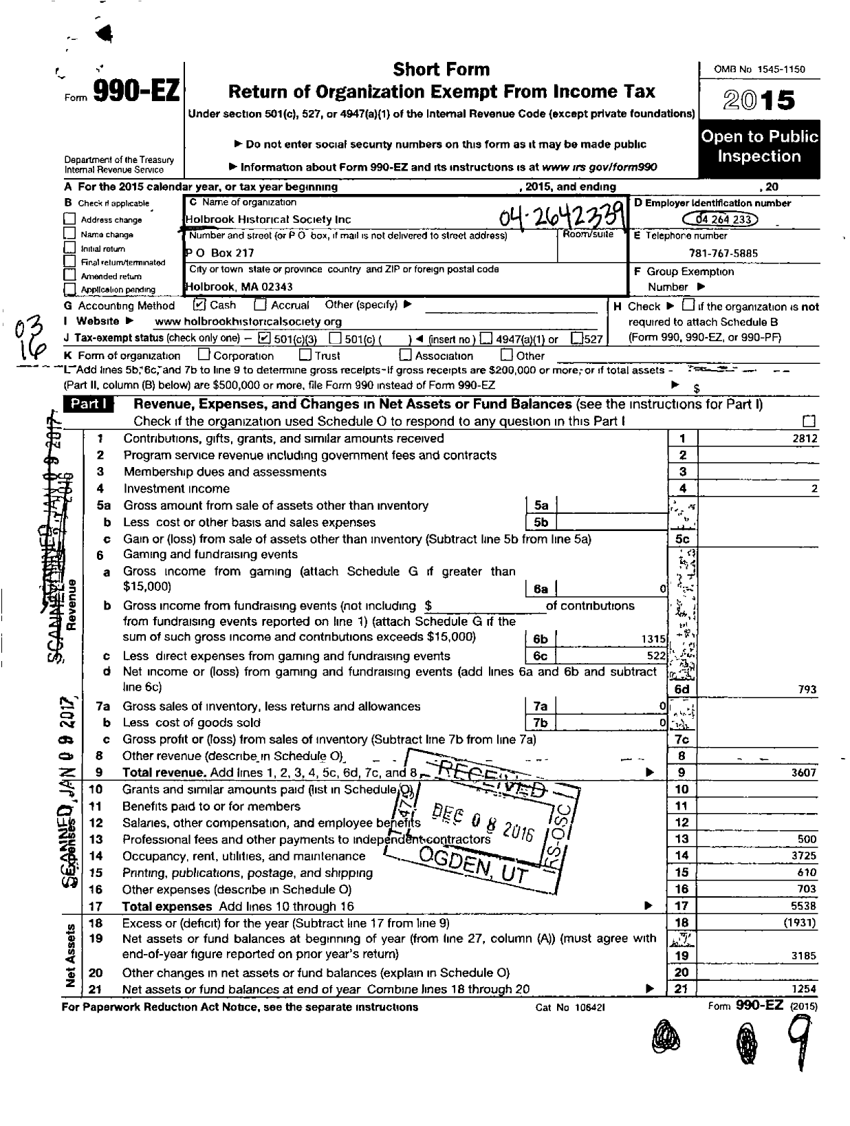 Image of first page of 2015 Form 990EZ for Holbrook Historical Society