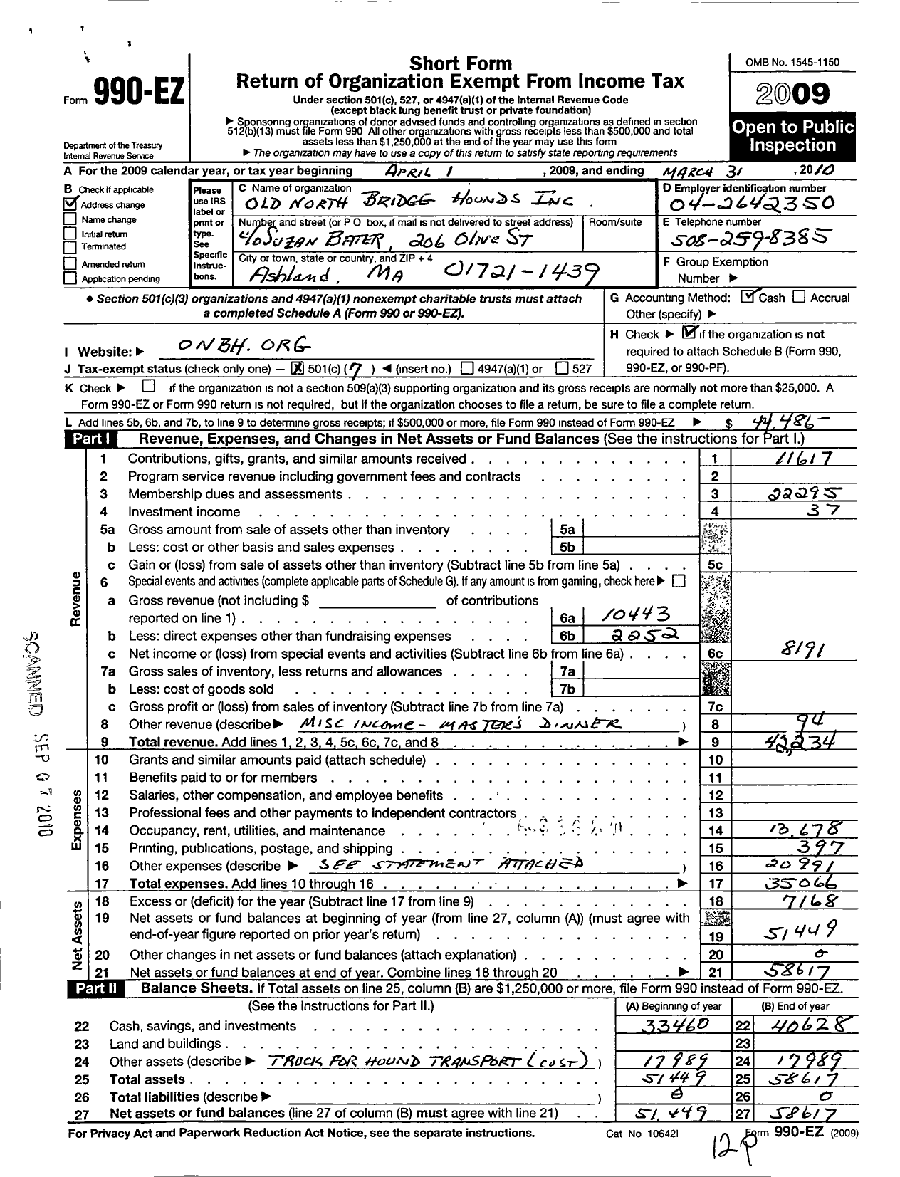 Image of first page of 2009 Form 990EO for Old North Bridge Hounds