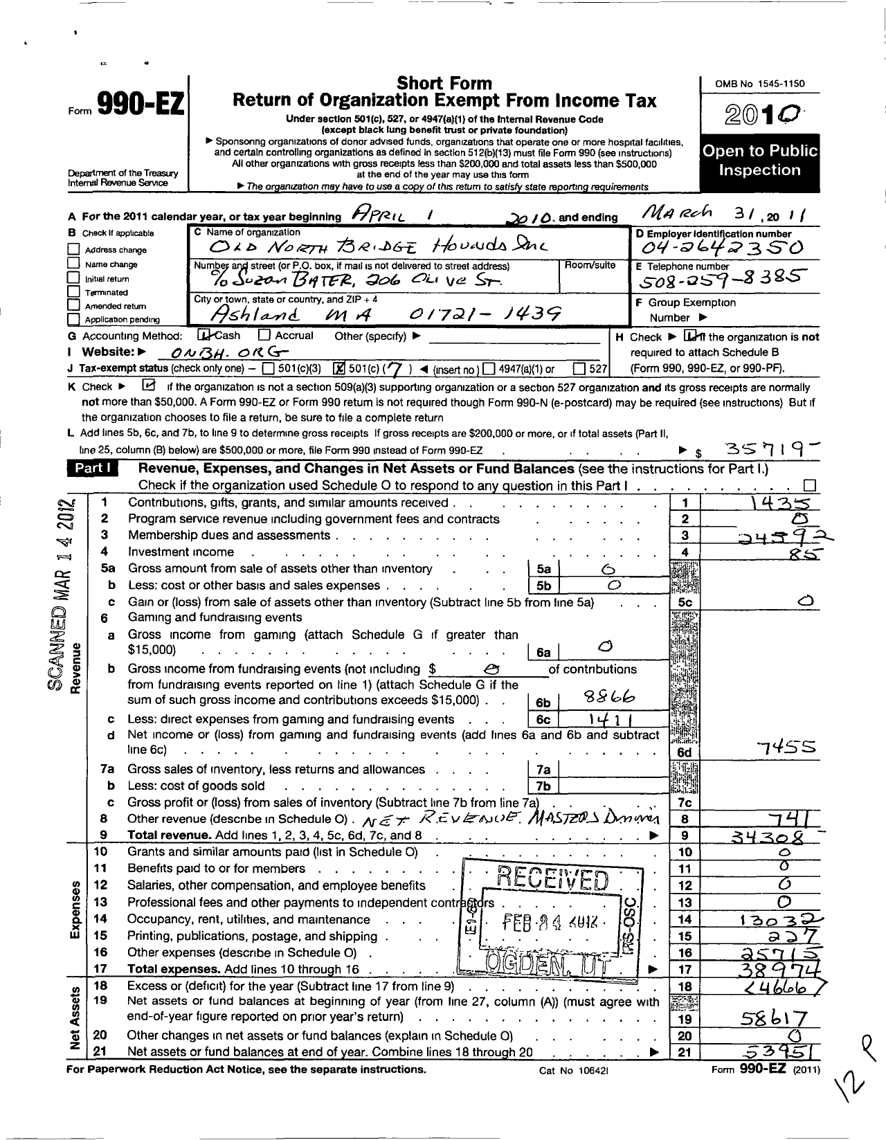 Image of first page of 2010 Form 990EO for Old North Bridge Hounds