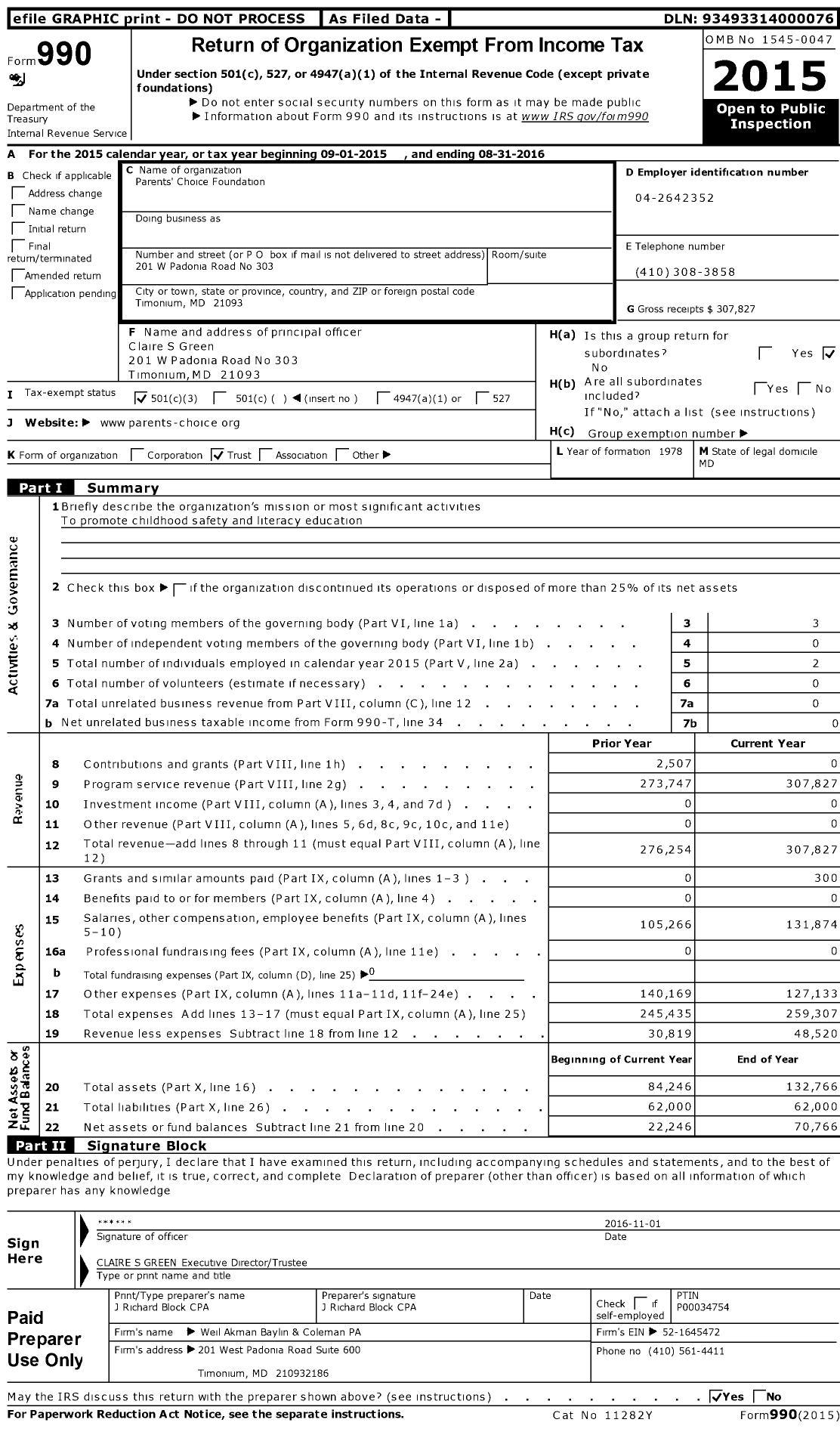 Image of first page of 2015 Form 990 for Parents' Choice Foundation