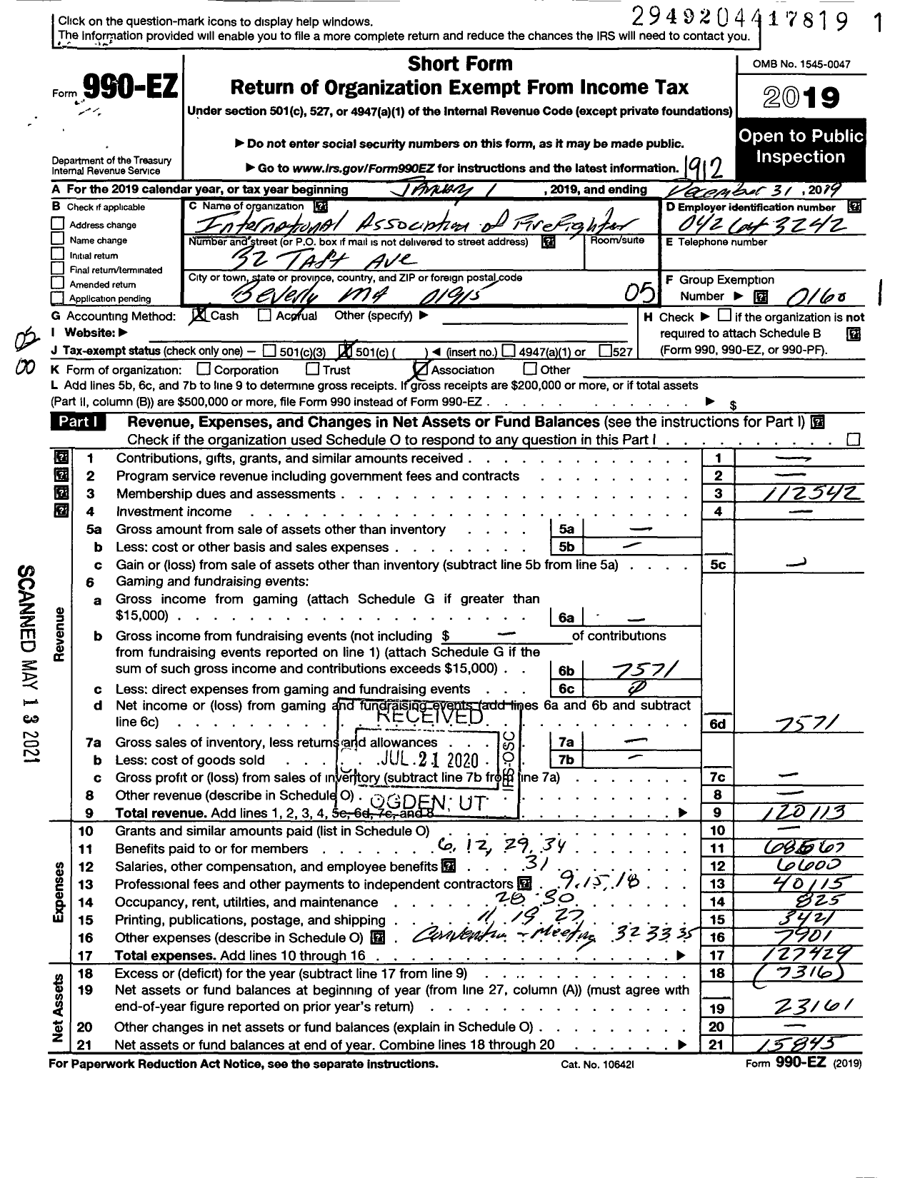 Image of first page of 2019 Form 990EO for International Association of Fire Fighters - L1669 Beverly