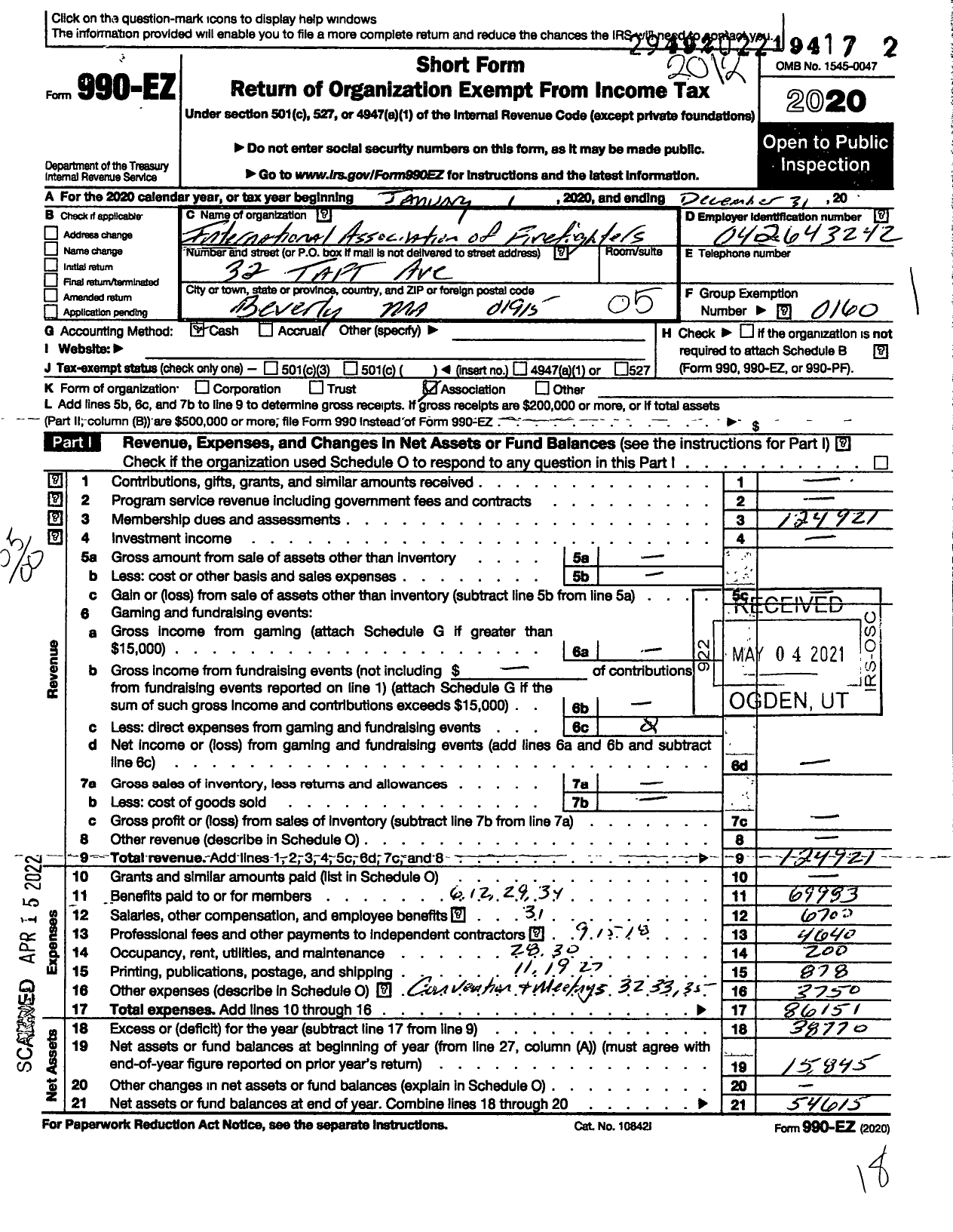 Image of first page of 2020 Form 990EO for International Association of Fire Fighters - L1669 Beverly