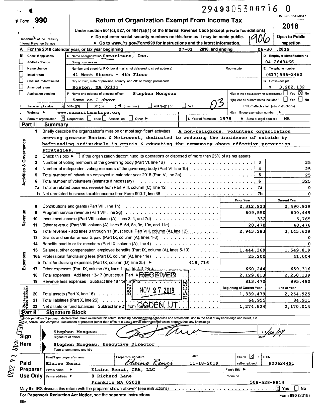 Image of first page of 2018 Form 990 for Samaritans