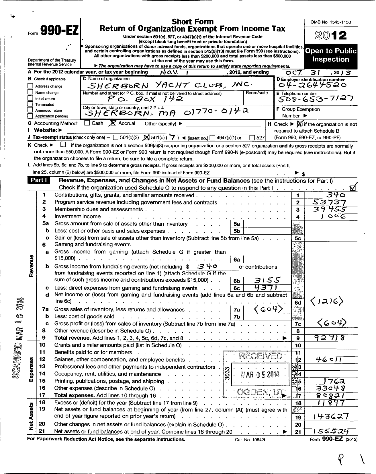 Image of first page of 2012 Form 990EO for Sherborn Yacht Club