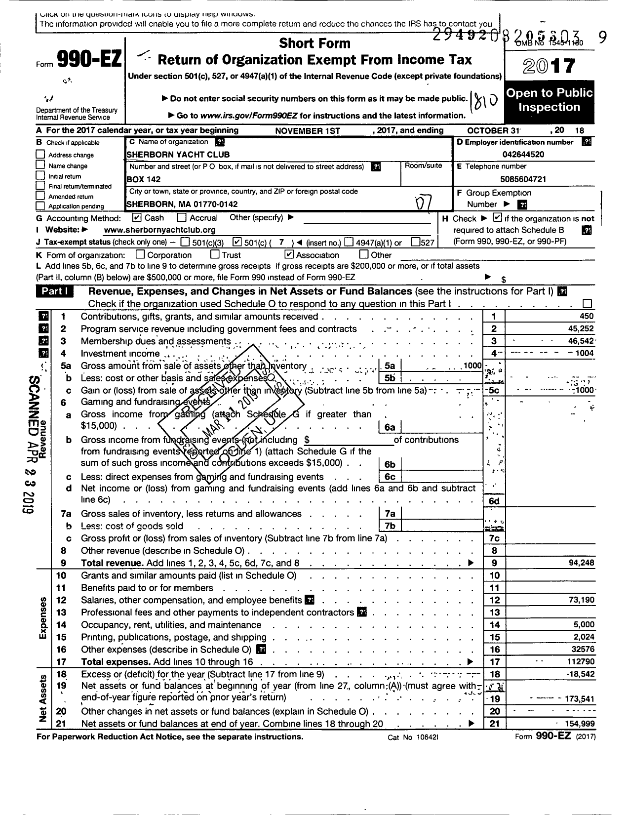 Image of first page of 2017 Form 990EO for Sherborn Yacht Club