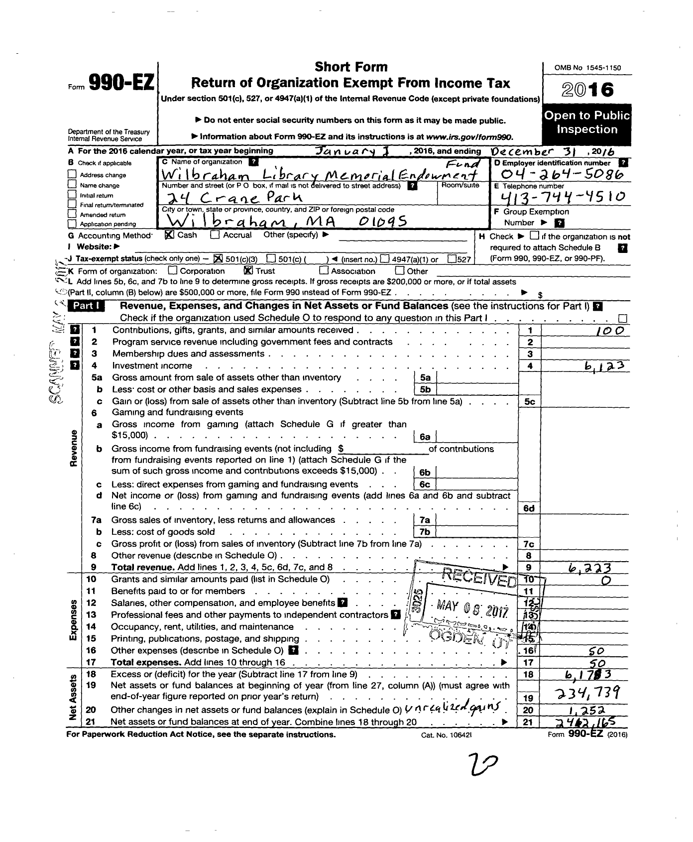 Image of first page of 2016 Form 990EZ for Wilbraham Library Memorial Fund