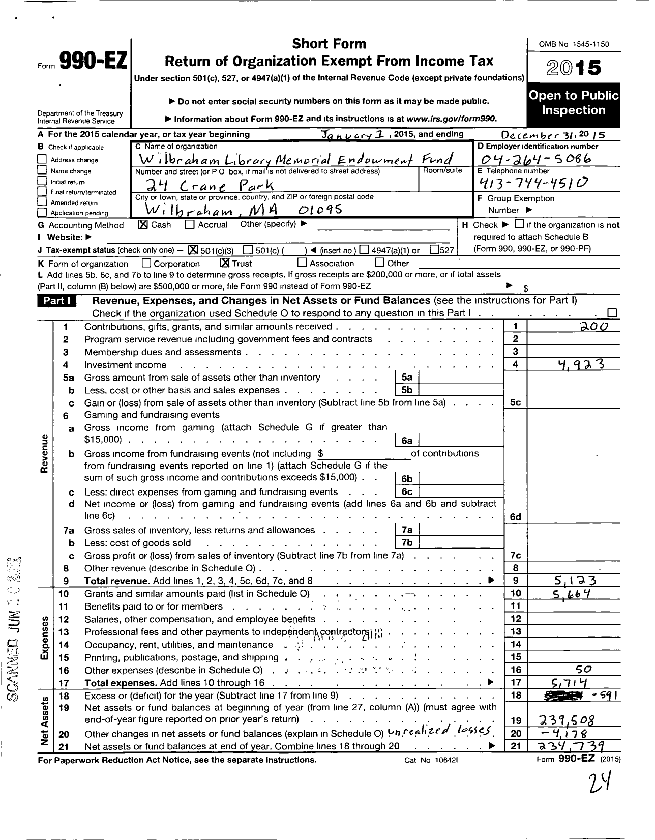 Image of first page of 2015 Form 990EZ for Wilbraham Library Memorial Fund