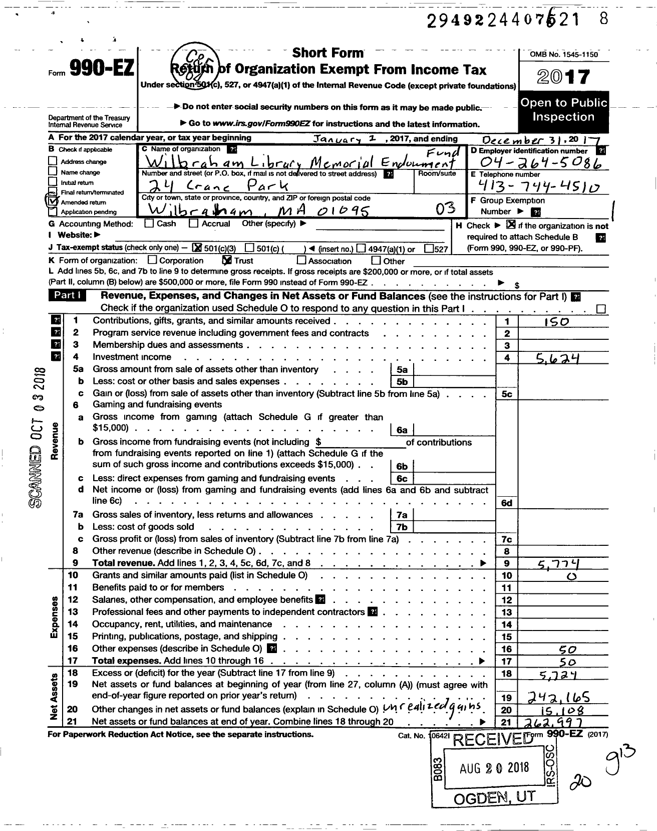 Image of first page of 2017 Form 990EZ for Wilbraham Library Memorial Fund