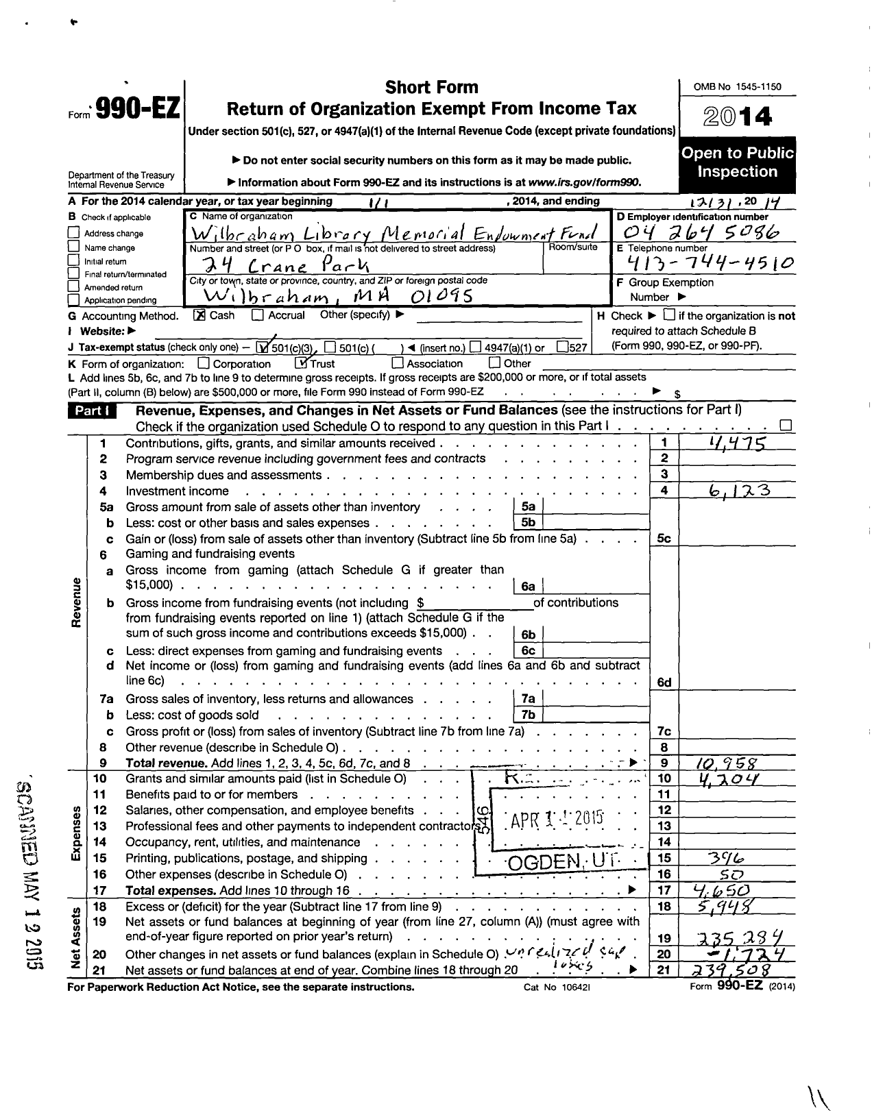 Image of first page of 2014 Form 990EZ for Wilbraham Library Memorial Fund