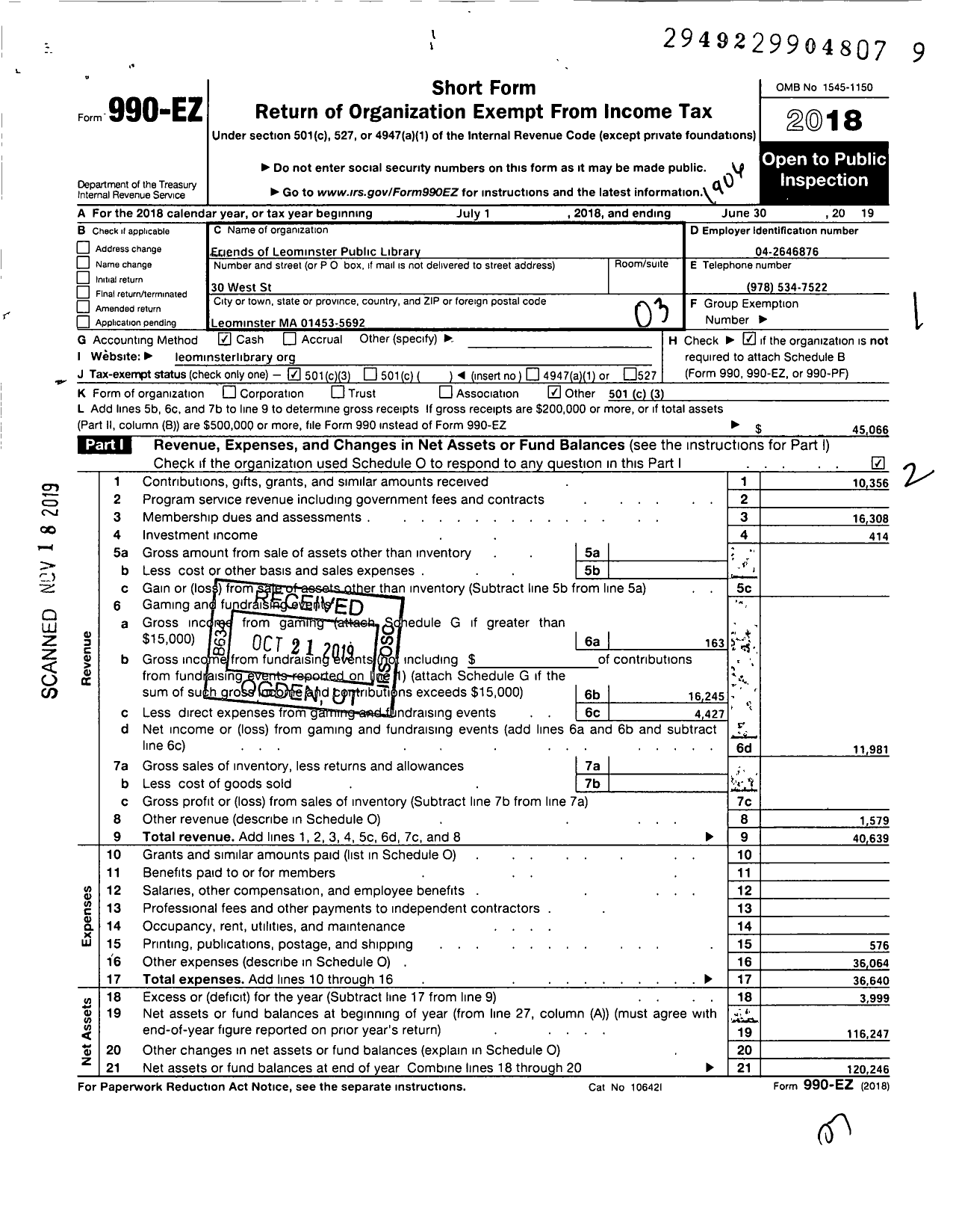 Image of first page of 2018 Form 990EZ for Friends of the Leominster Public Library