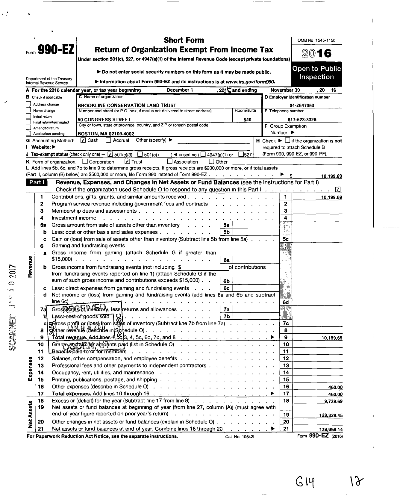 Image of first page of 2015 Form 990EZ for Brookline Conservation Land Trust