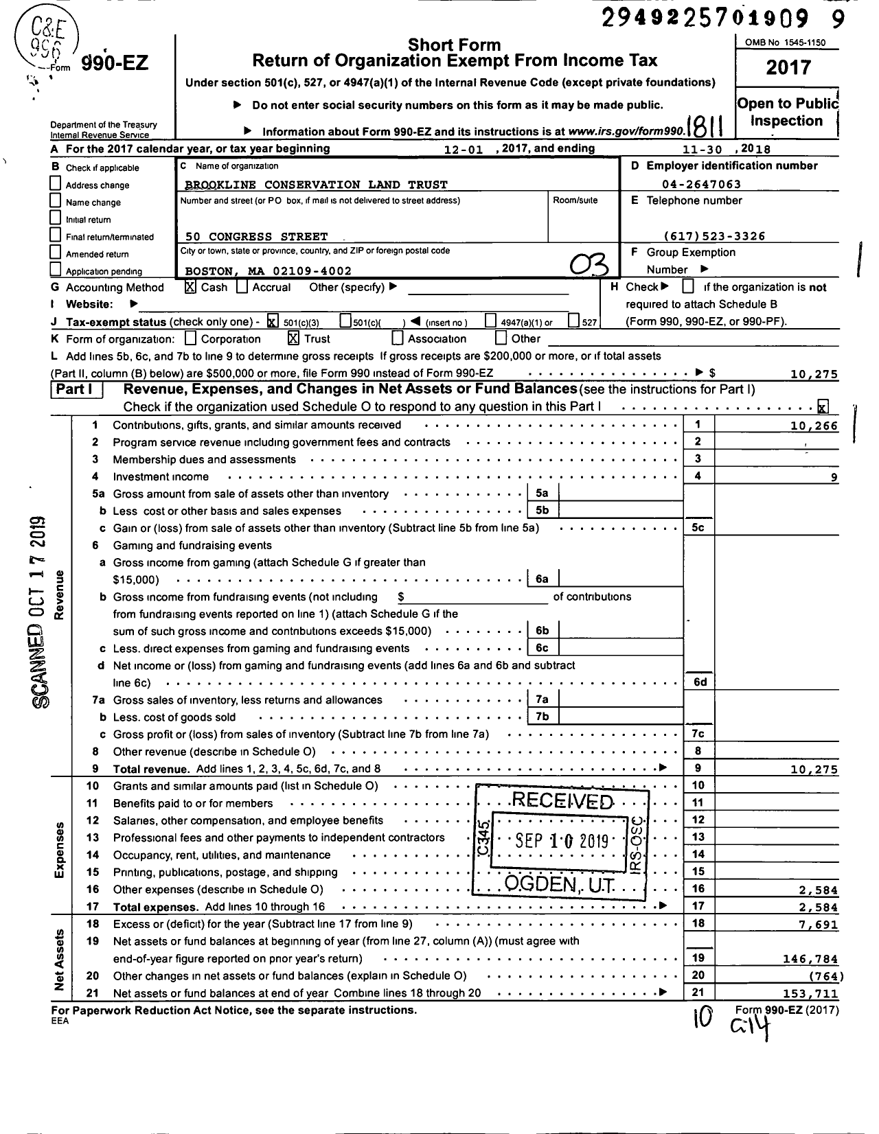 Image of first page of 2017 Form 990EZ for Brookline Conservation Land Trust