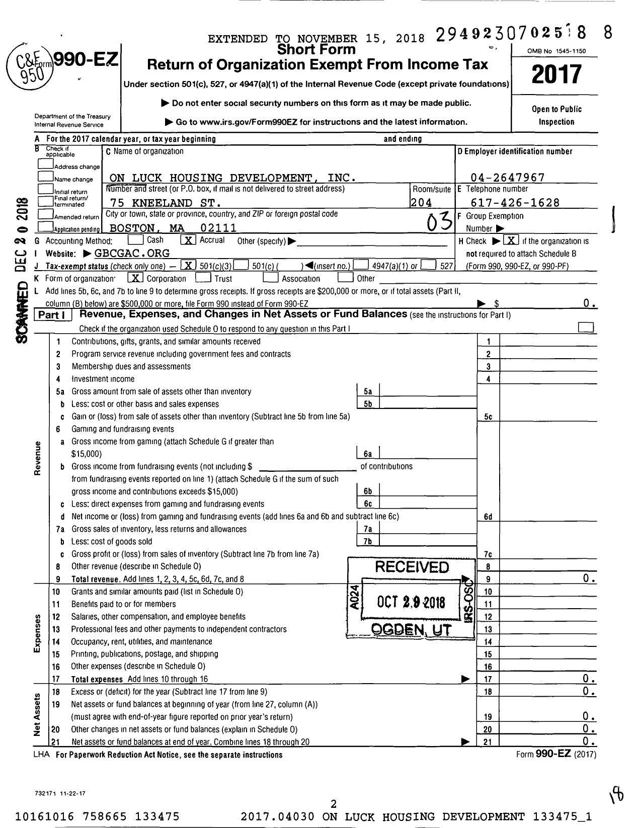 Image of first page of 2017 Form 990EZ for On Luck Housing Development