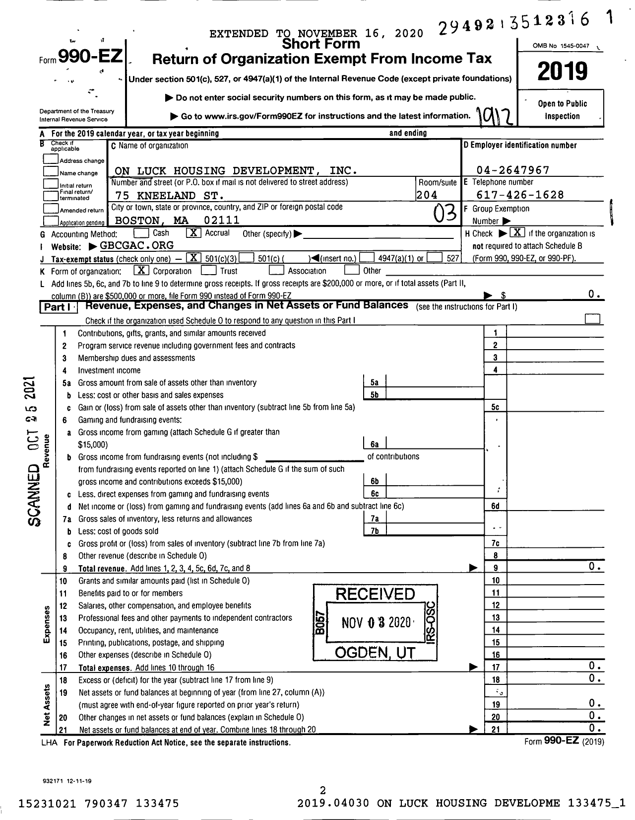 Image of first page of 2019 Form 990EZ for On Luck Housing Development