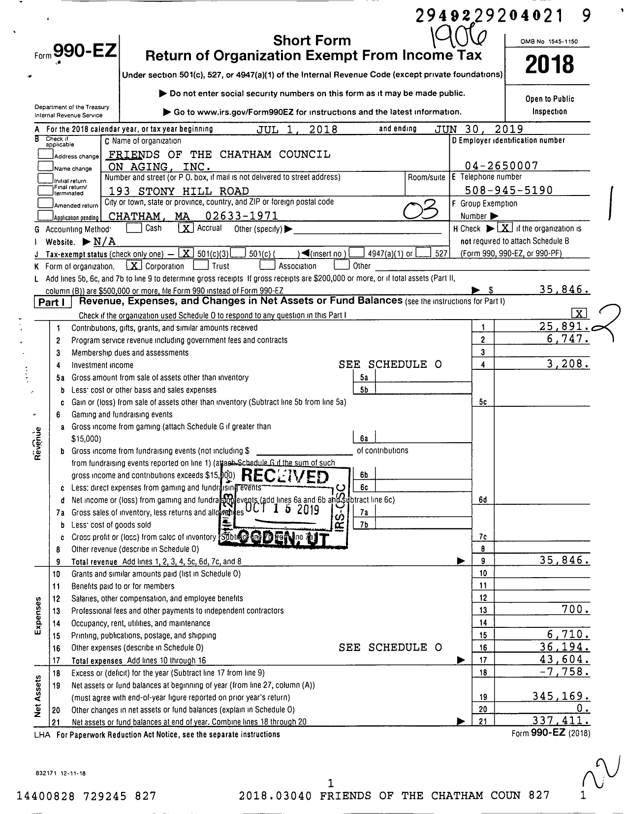 Image of first page of 2018 Form 990EZ for Friends of the Chatham Council on Aging