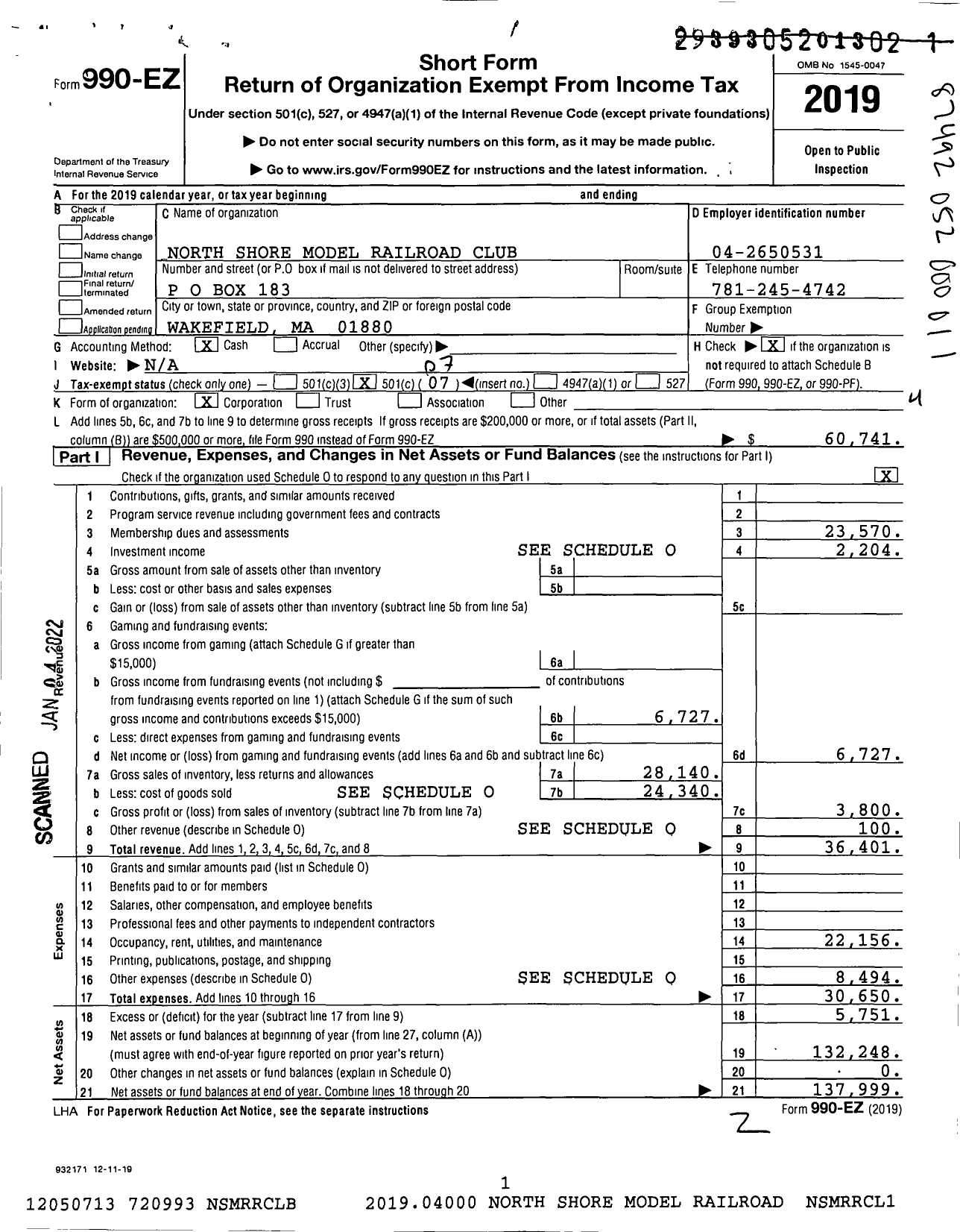 Image of first page of 2019 Form 990EO for North Shore Model Railroad Club