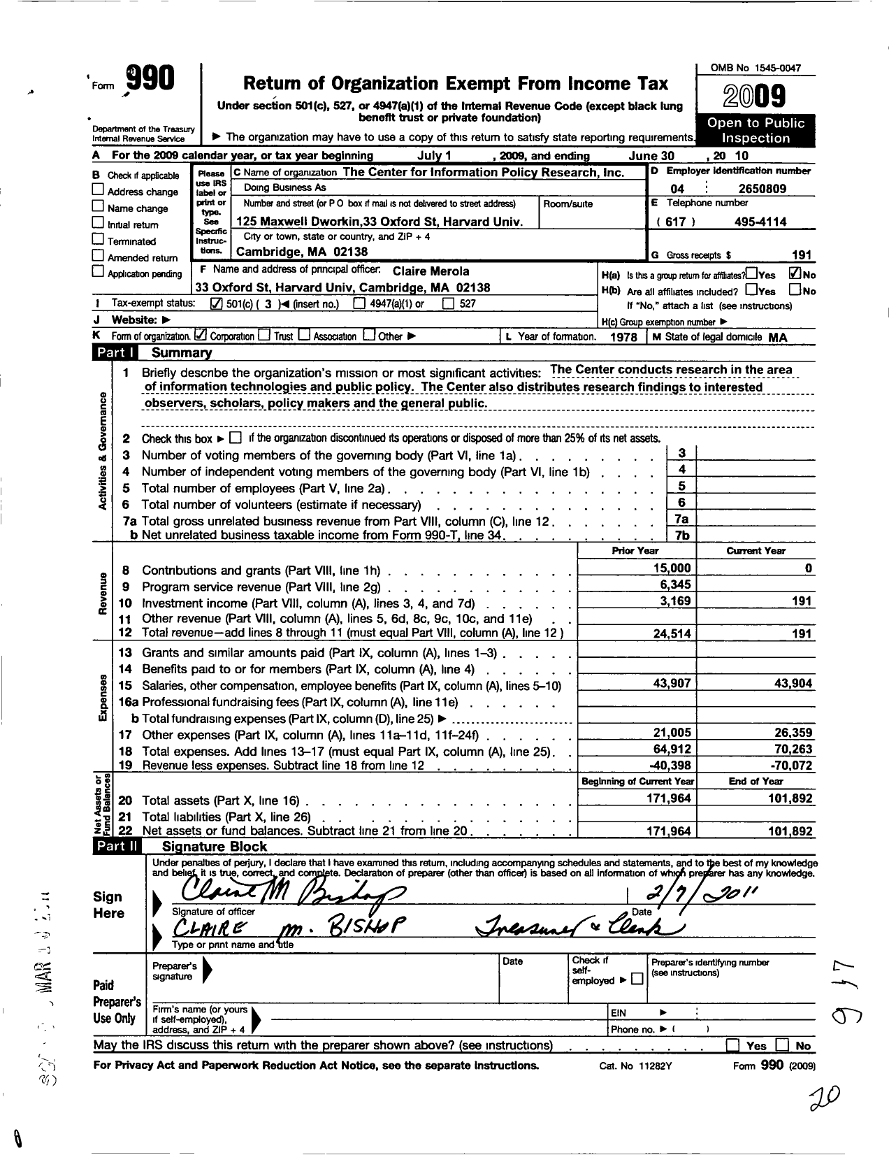 Image of first page of 2009 Form 990 for Center for Information Policy Research