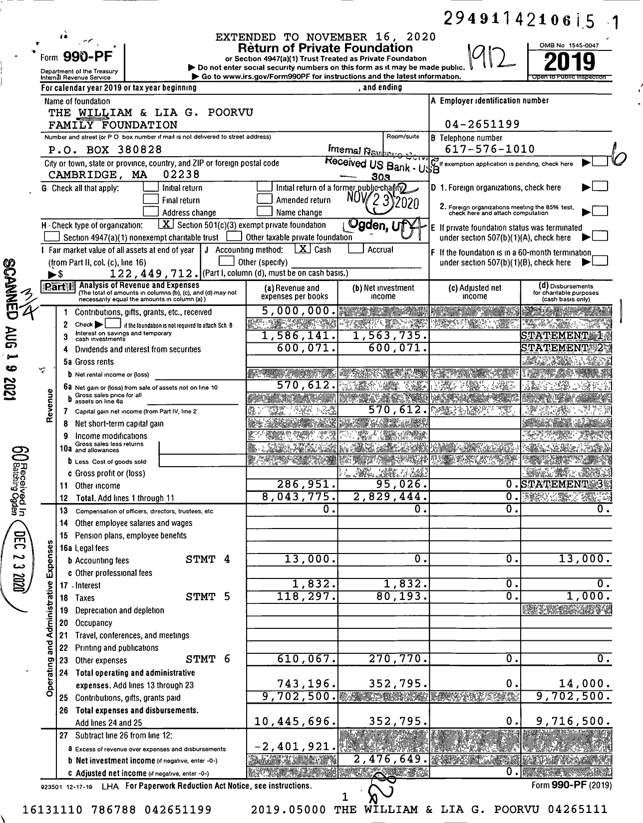 Image of first page of 2019 Form 990PF for The William and Lia G Poorvu Family Foundation