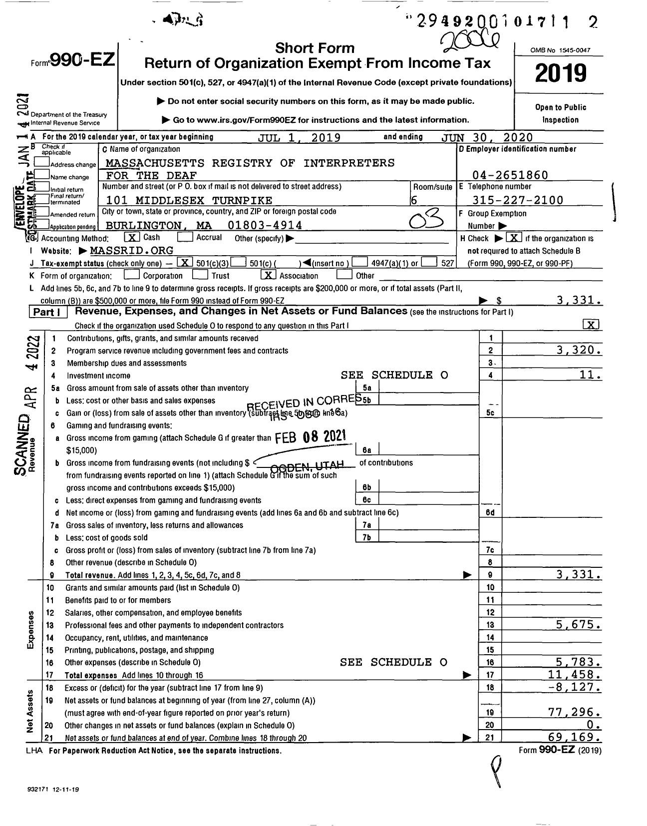 Image of first page of 2019 Form 990EZ for Massachusetts Registry of Interpreters for the Deaf