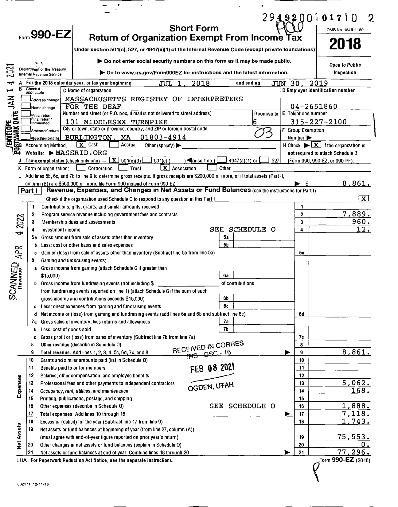 Image of first page of 2018 Form 990EZ for Massachusetts Registry of Interpreters for the Deaf